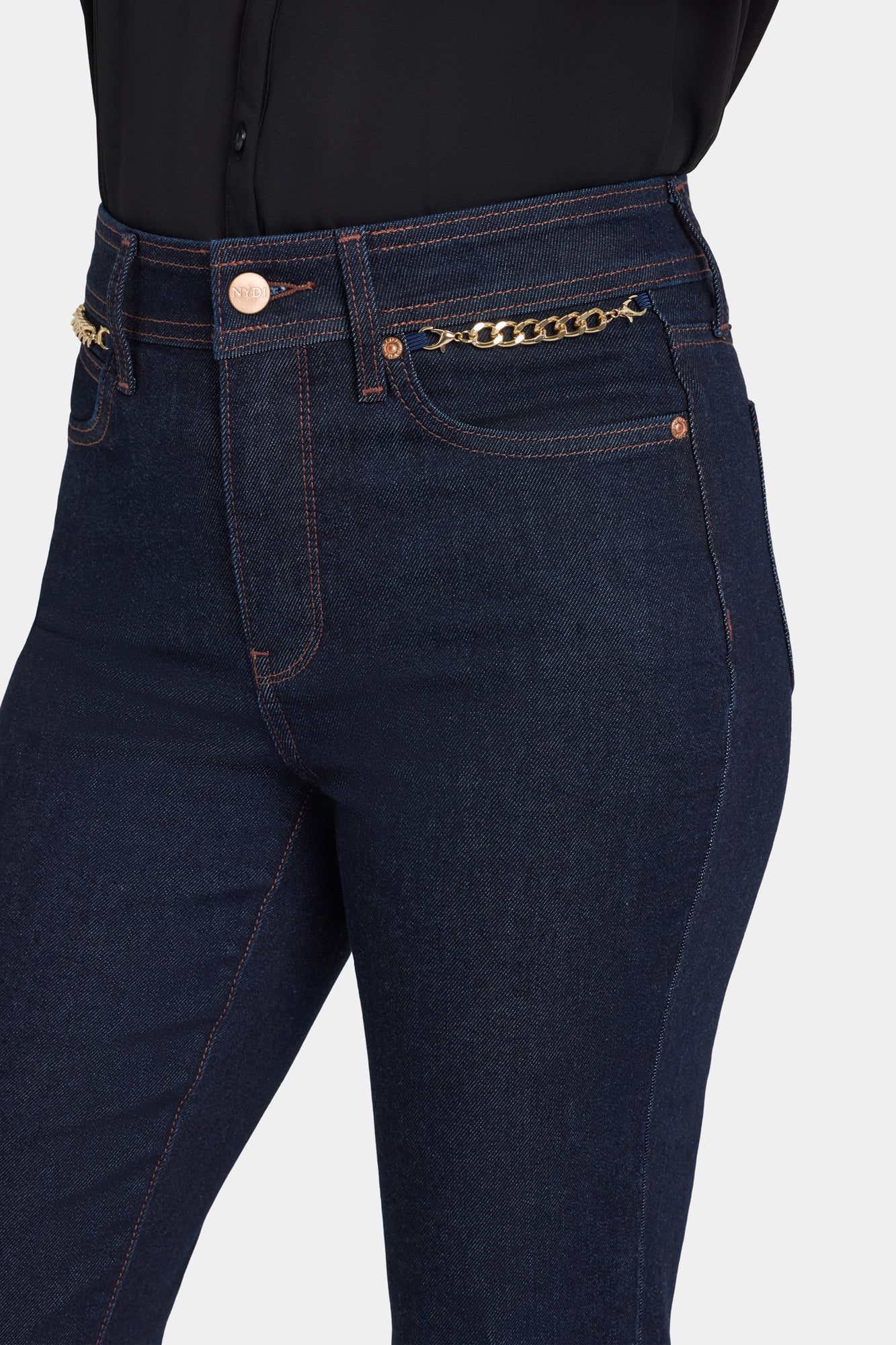 NYDJ Marilyn Straight Jeans With High Rise, Gold Chains And 31