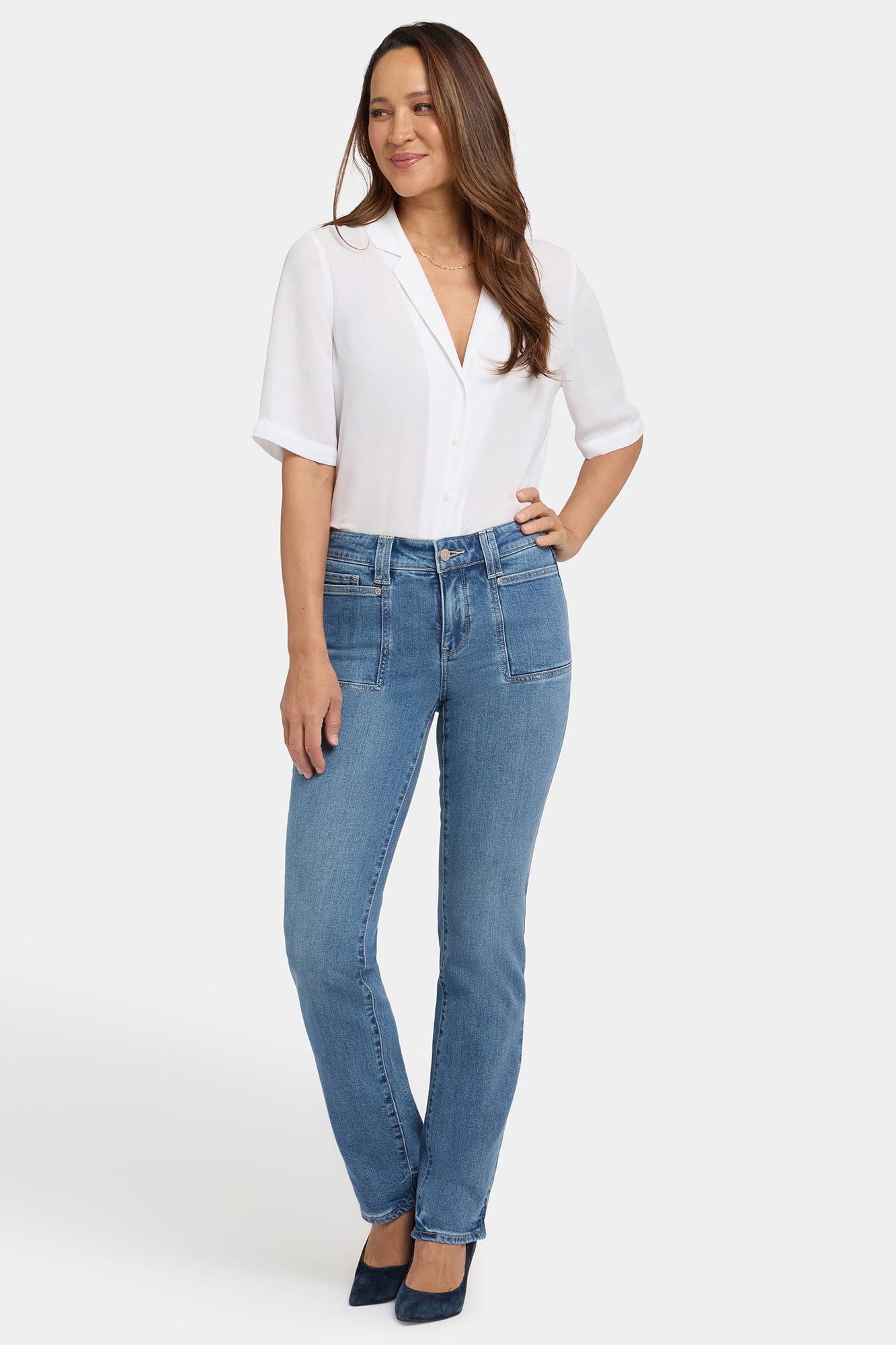 NYDJ Marilyn Straight Jeans With Front Patch Pockets - Bastille Sea