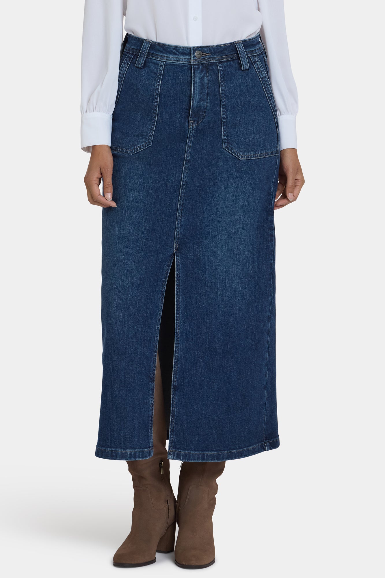 NYDJ High Rise Long Skirt With Utility Pockets And Center Front Slit - Louvre Sapphire