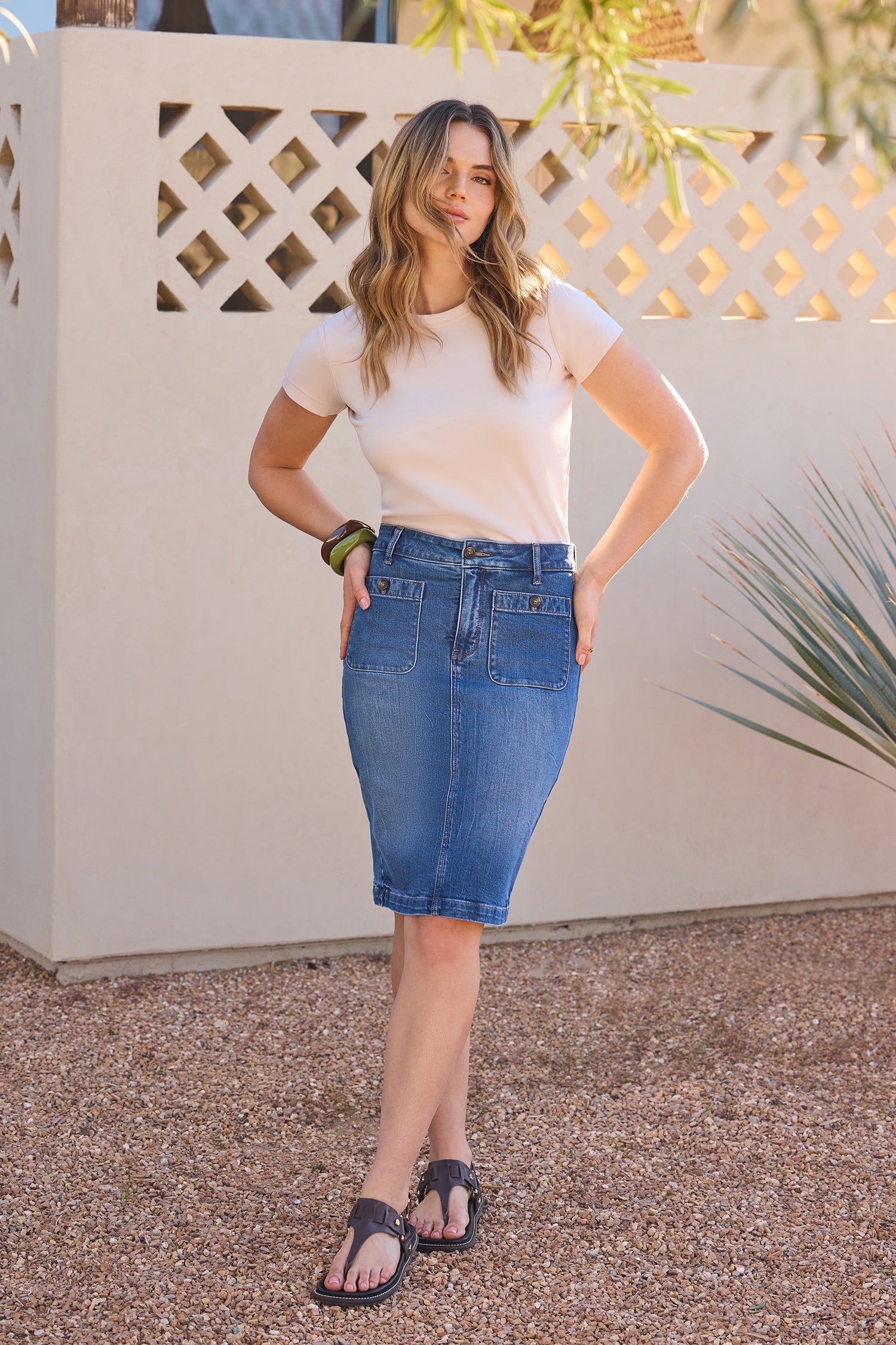 High Rise Denim Skirt With Rounded Patch Pockets - Wild River Blue