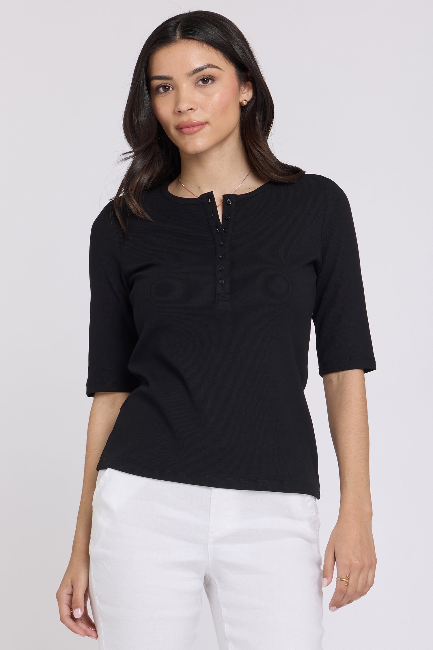 Ribbed Elbow Sleeved Henley - Black Black | NYDJ