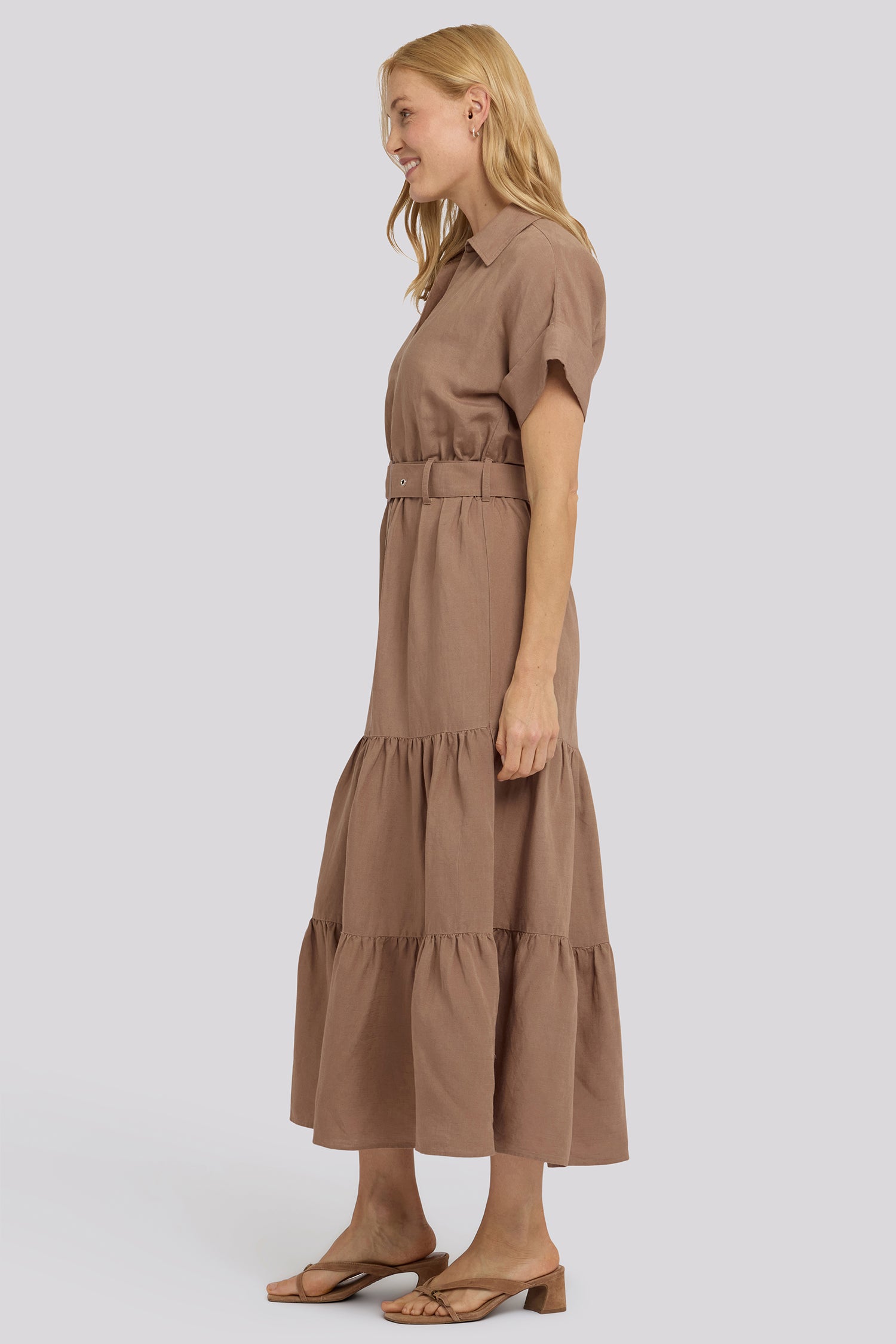 kristin dress in brown stretch suede product info and reviews NYDJ Women's Belted Tiered Shirtdress Toasted Coconut, Regular, Size: Small Color:HILO ARRANGMENT SAND