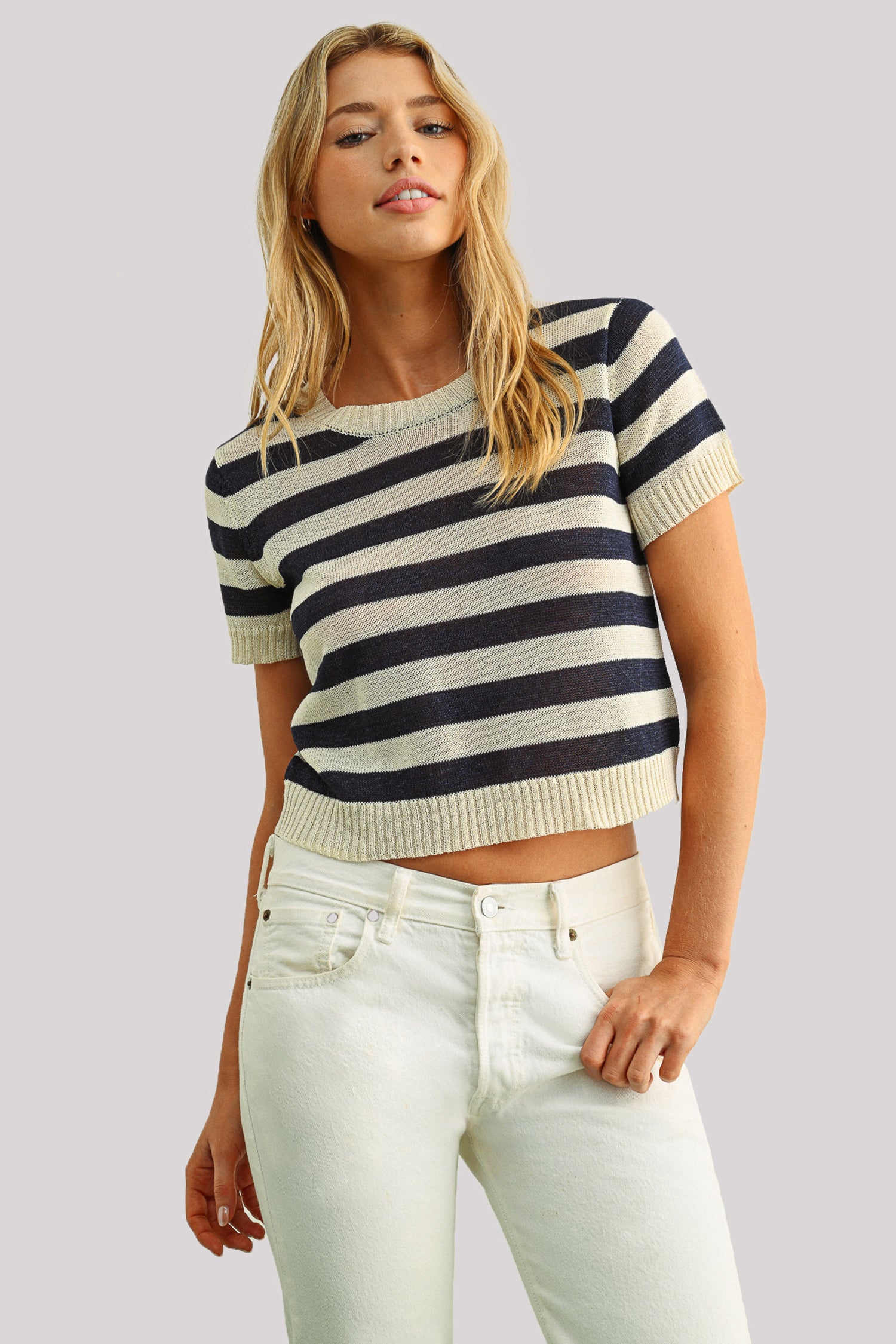 トップス Knit Stripe Tops Short Sleeved Striped Top - Blue Stripe Blue | NYDJ