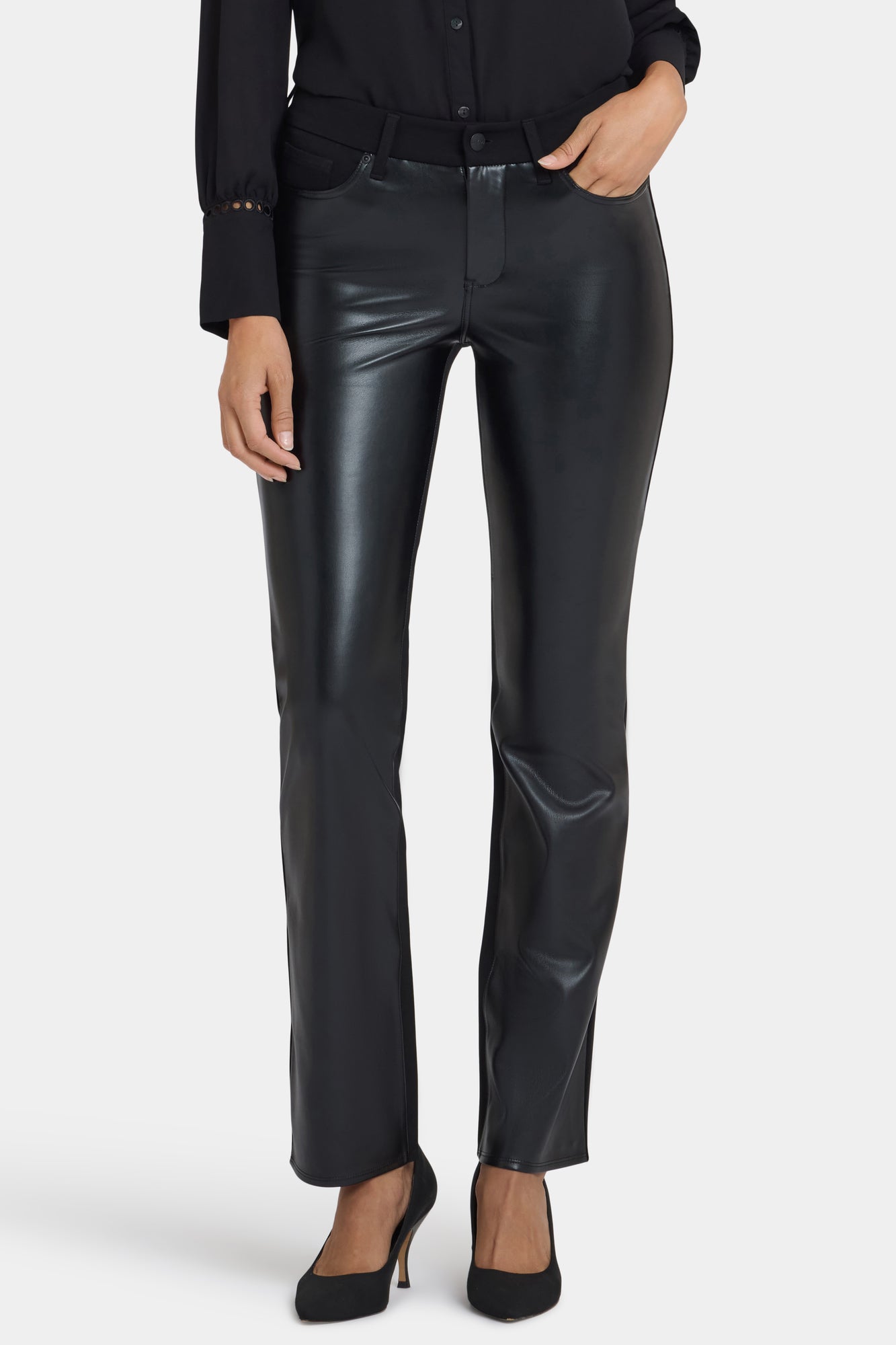 NYDJ Vegan Leather And Ponte Marilyn Straight Pants Sculpt-Her™ Collection - Black