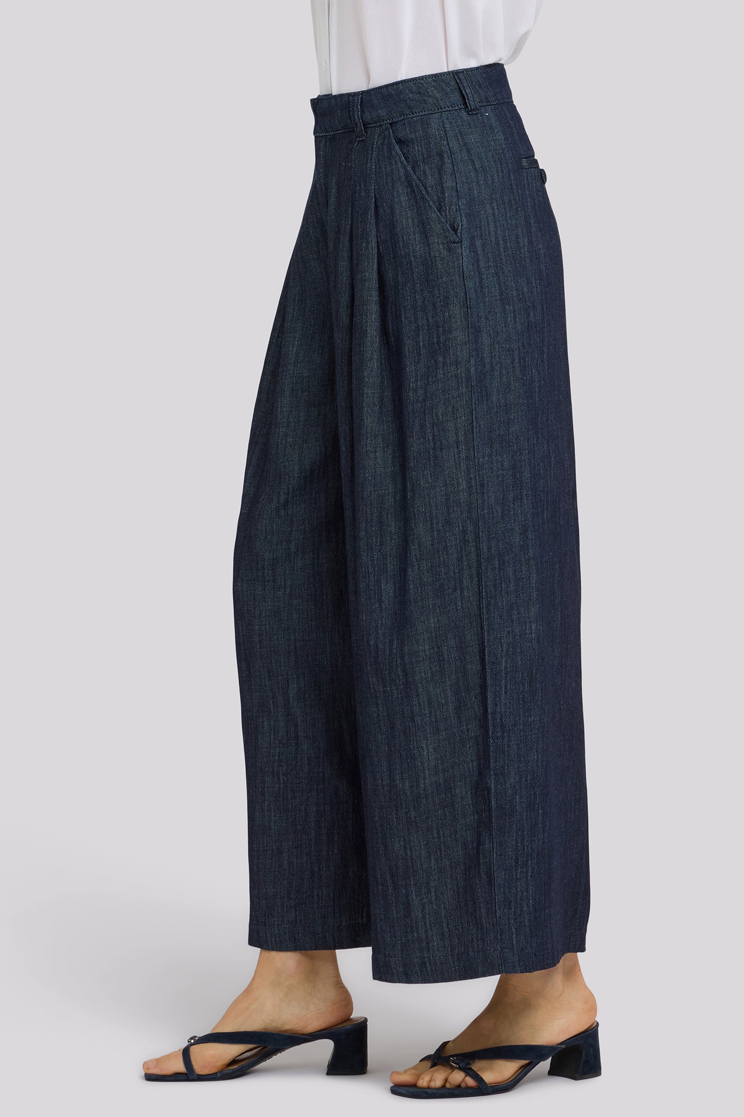 Giselle Wide Leg Ankle Trouser Pants With Pleats - Dark Indigo