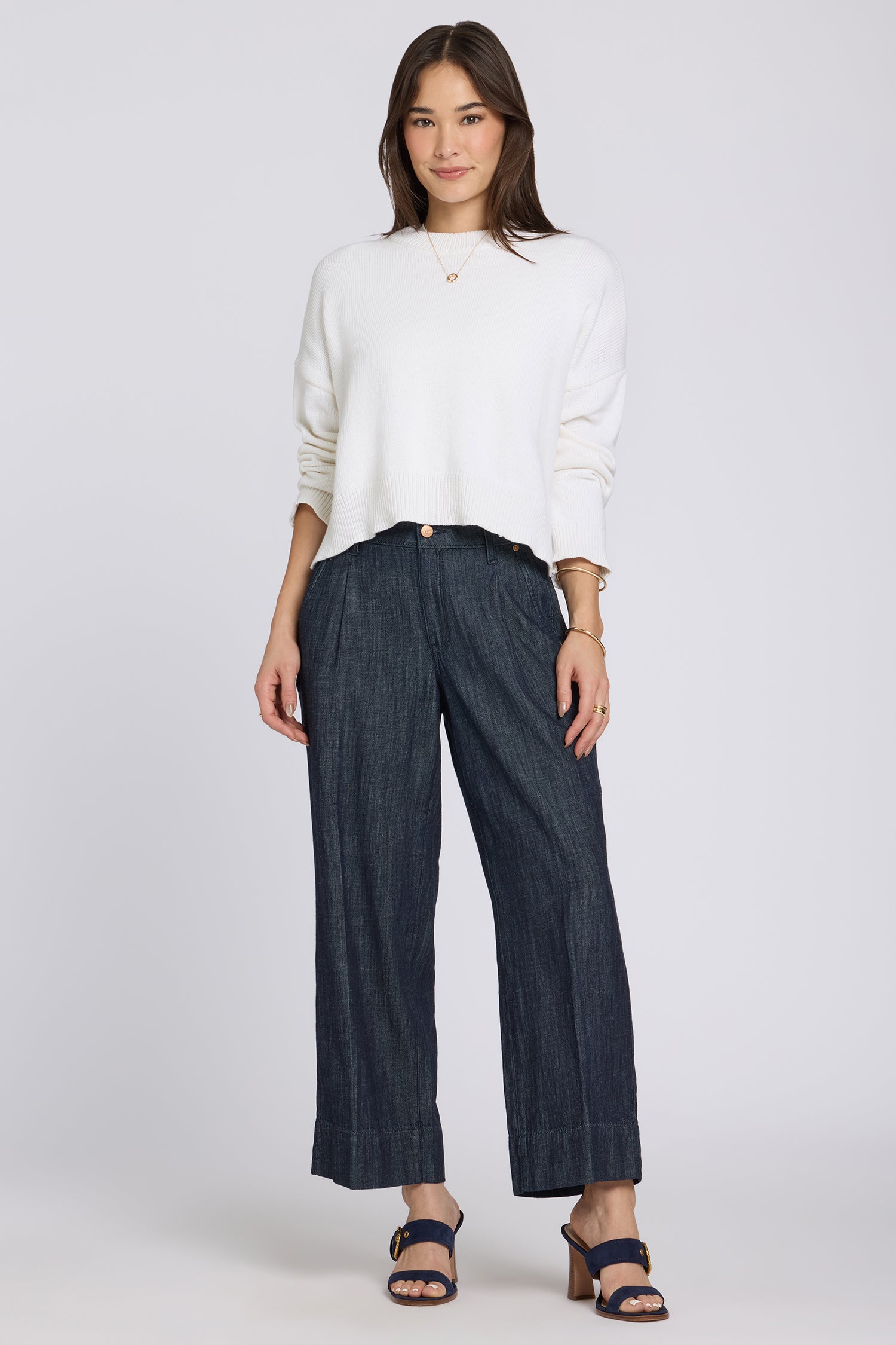 Teresa Wide Leg Ankle Jeans With High Rise And Pleats - Dark 