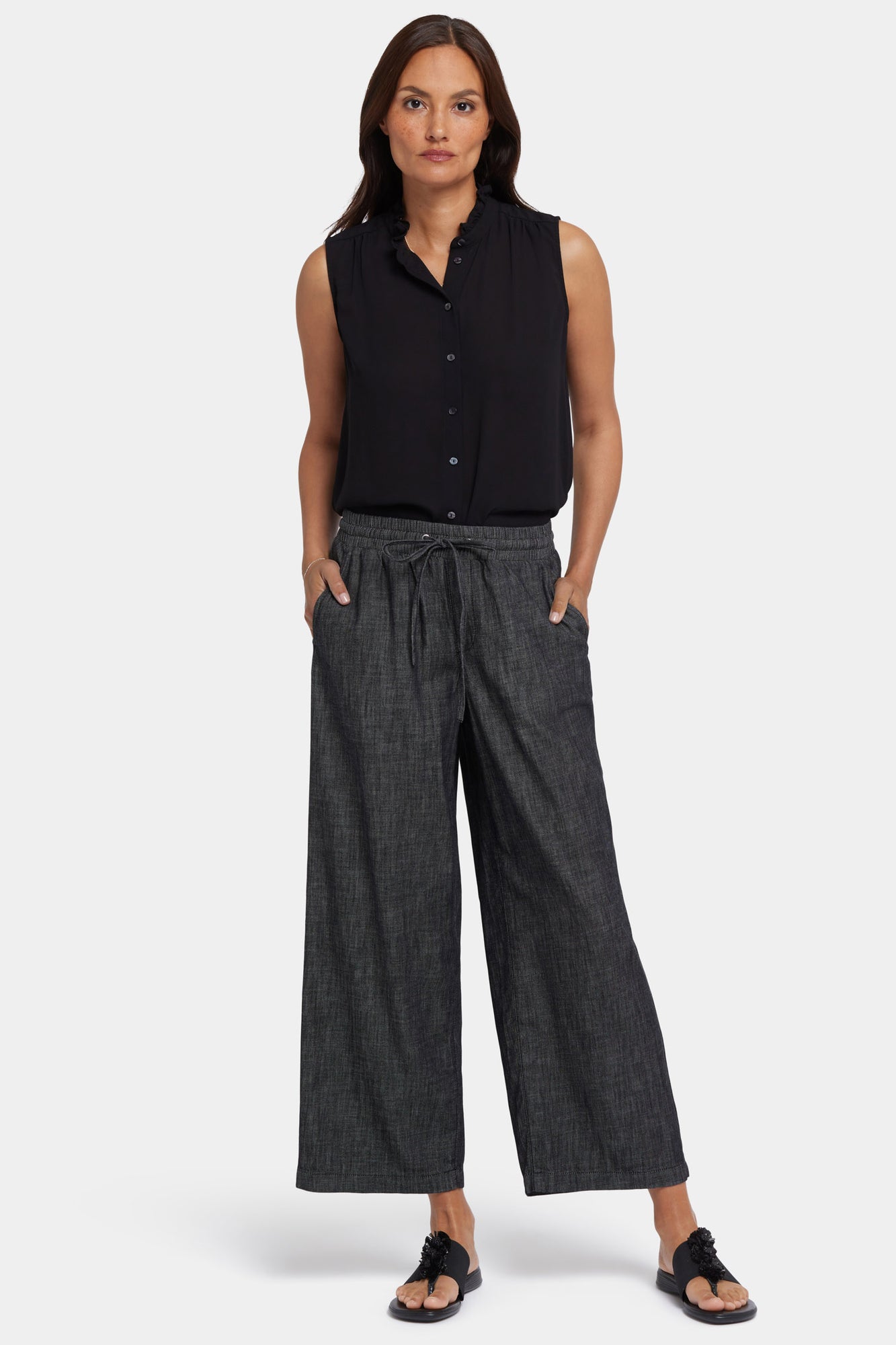 NYDJ Jayne Pull-On Wide Leg Ankle Pants - Black Rinse