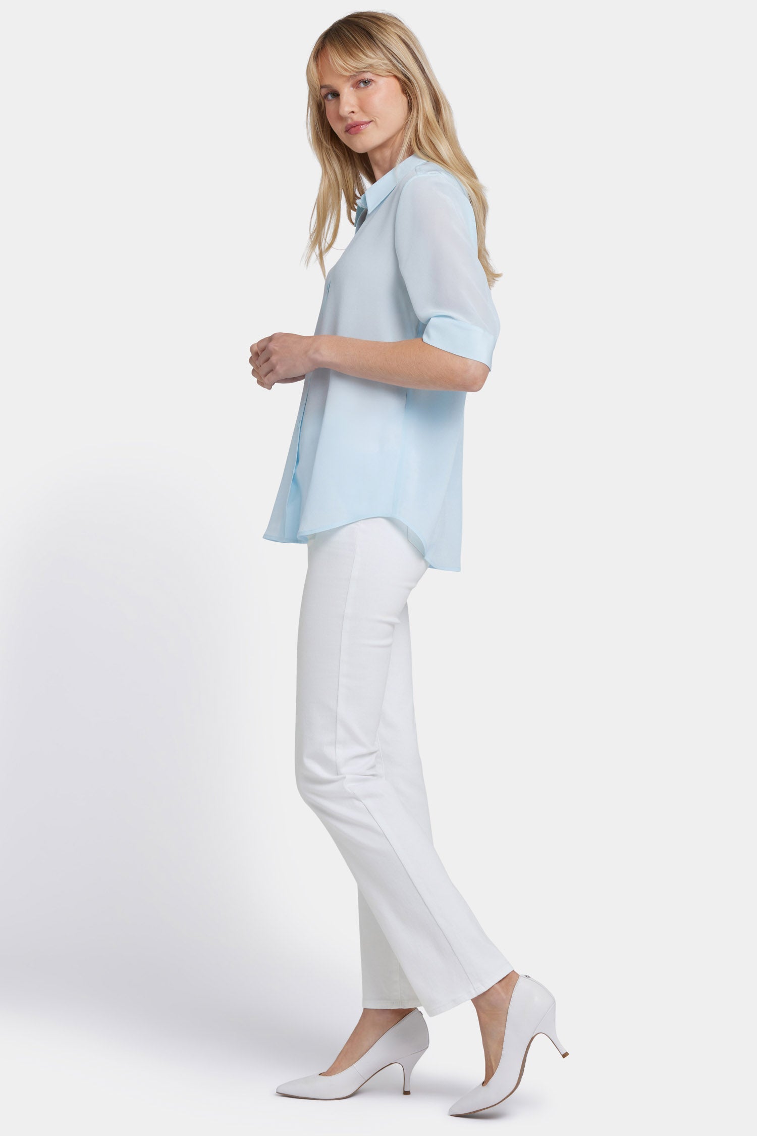 Riley Silk Elbow Sleeved Blouse - Aquatic Solid Colors | NYDJ