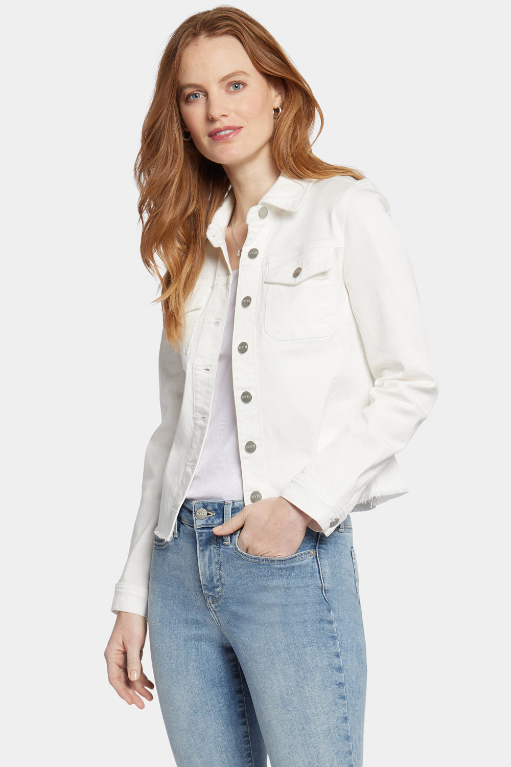 NYDJ Frayed Hem Jacket In Stretch Twill - Optic White