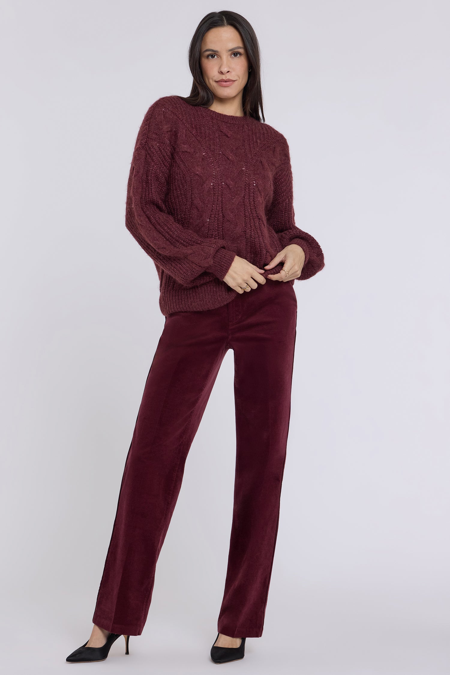 Straight Trouser Pants In Velveteen With High Rise And Satin 