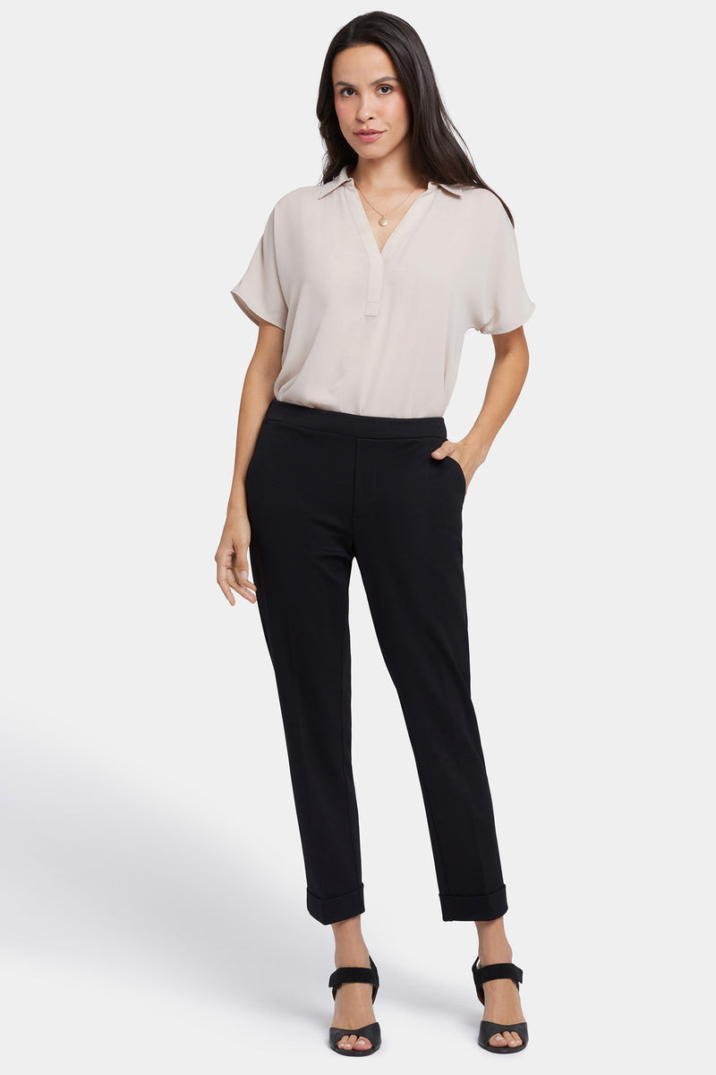 NYDJ Cassidy Ankle Pull-On Trouser Pants In Petite In Ponte Knit With Cuffs - Black