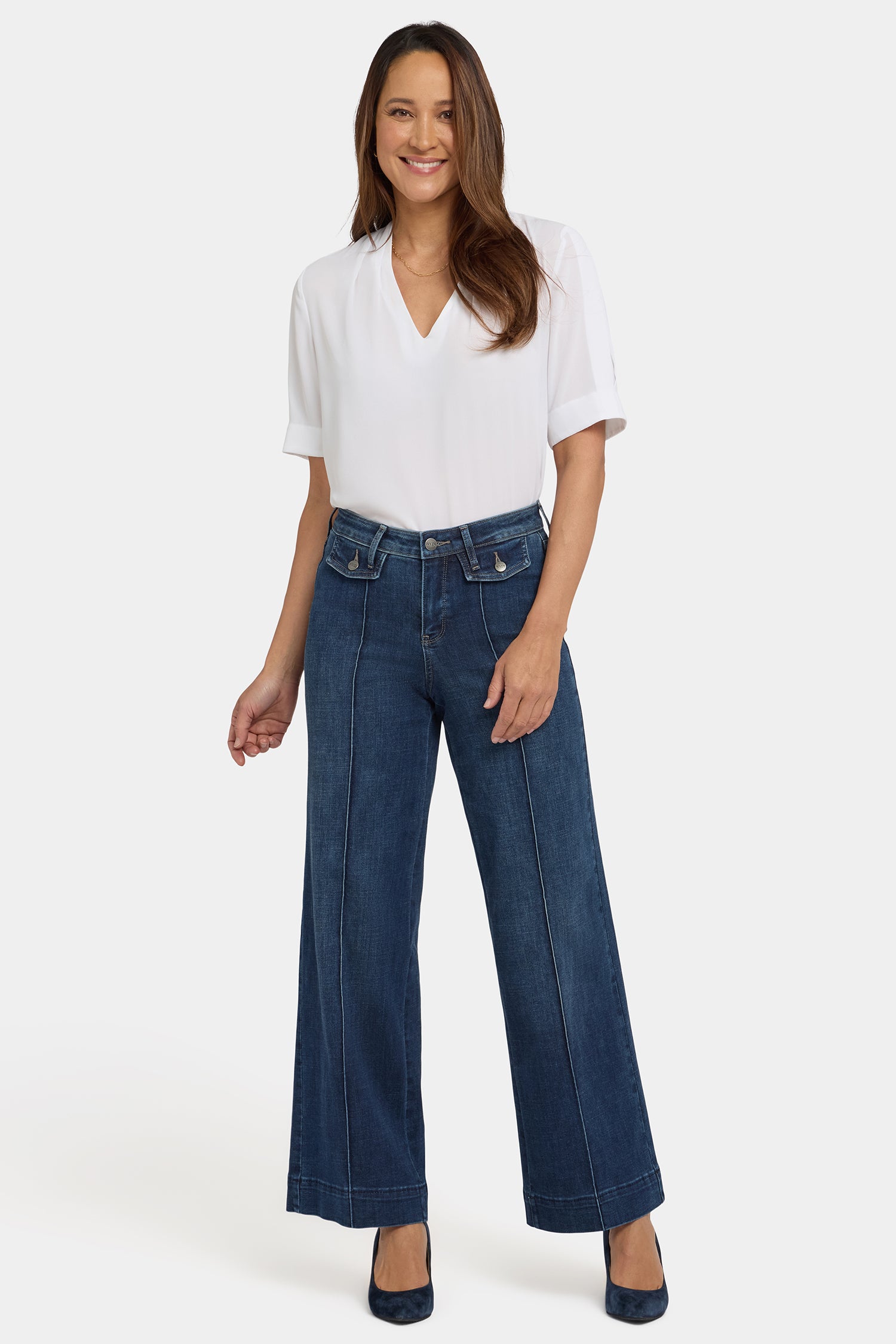 Teresa Wide Leg Jeans In Petite With Button Flaps, Center Leg