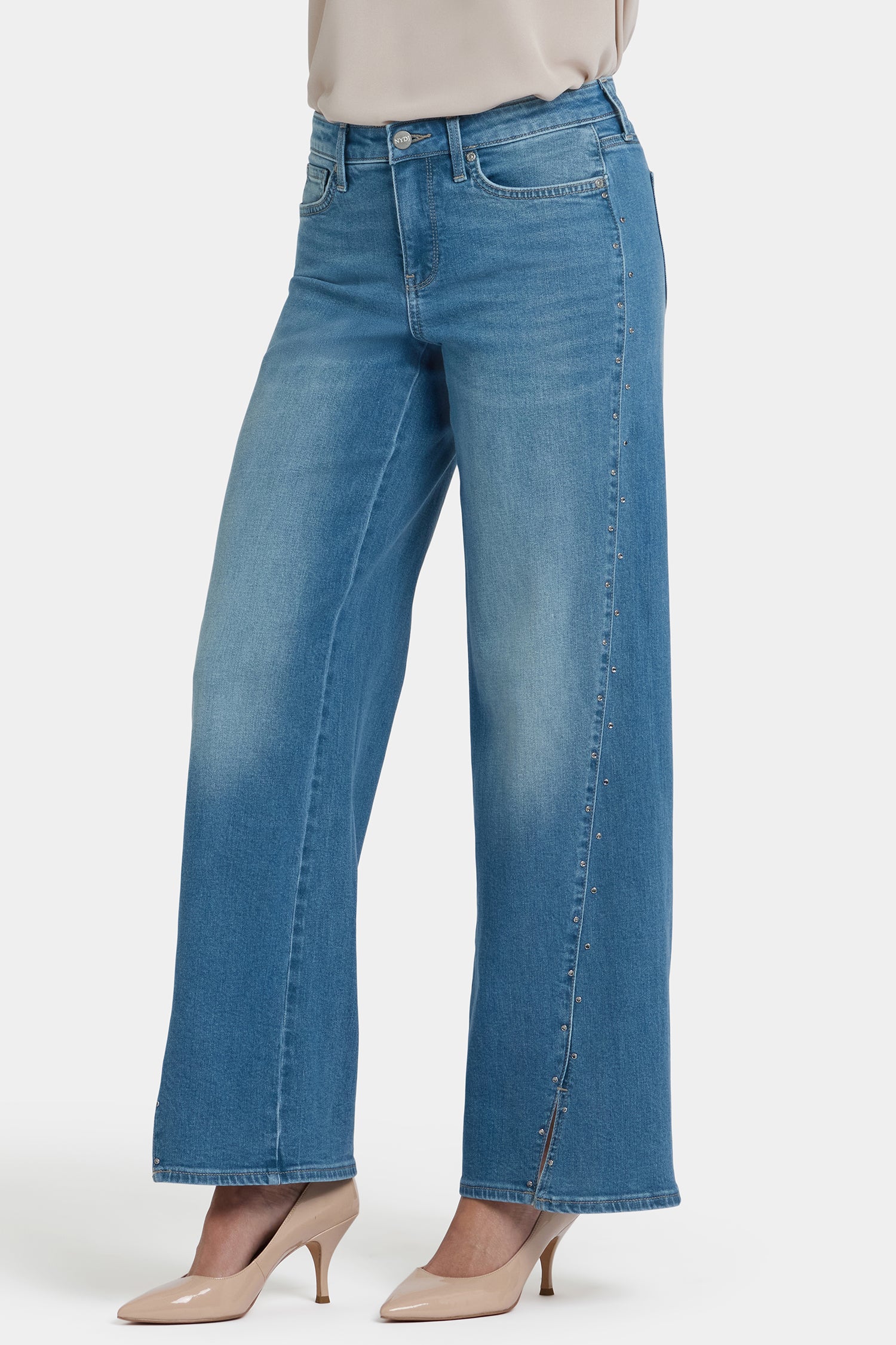 Teresa Wide Leg Jeans In Petite With Rhinestones, Front Slits And