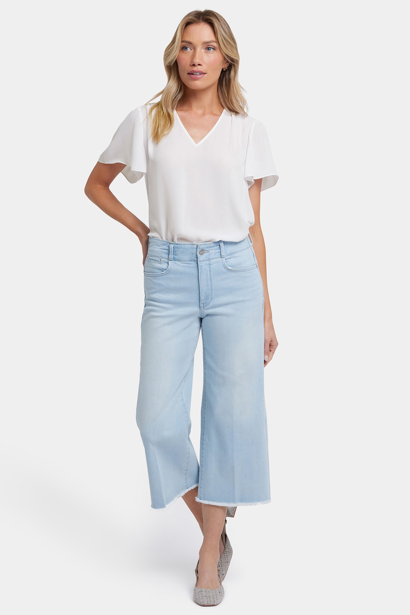 NYDJ Brigitte Wide Leg Capri Jeans In Petite With High Rise And Frayed Hems - Clear Waters