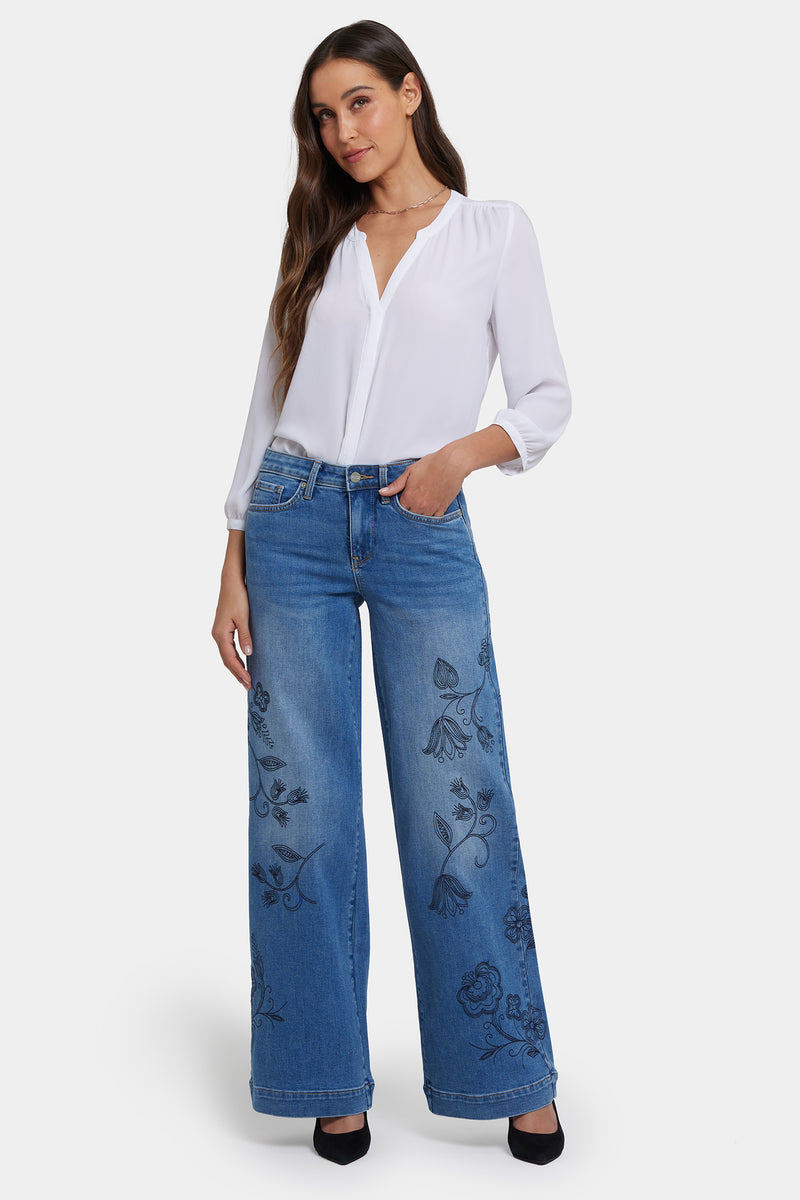 NYDJ Teresa Wide Leg Jeans In Petite With Embroidery - Water Canyon
