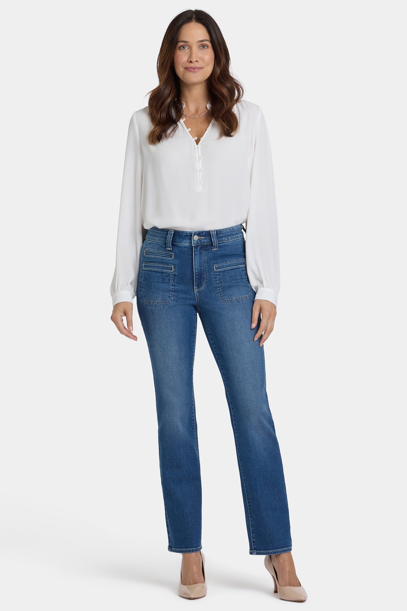 NYDJ Marilyn Straight Jeans In Petite With High Rise, Utility Welt Pockets And 29