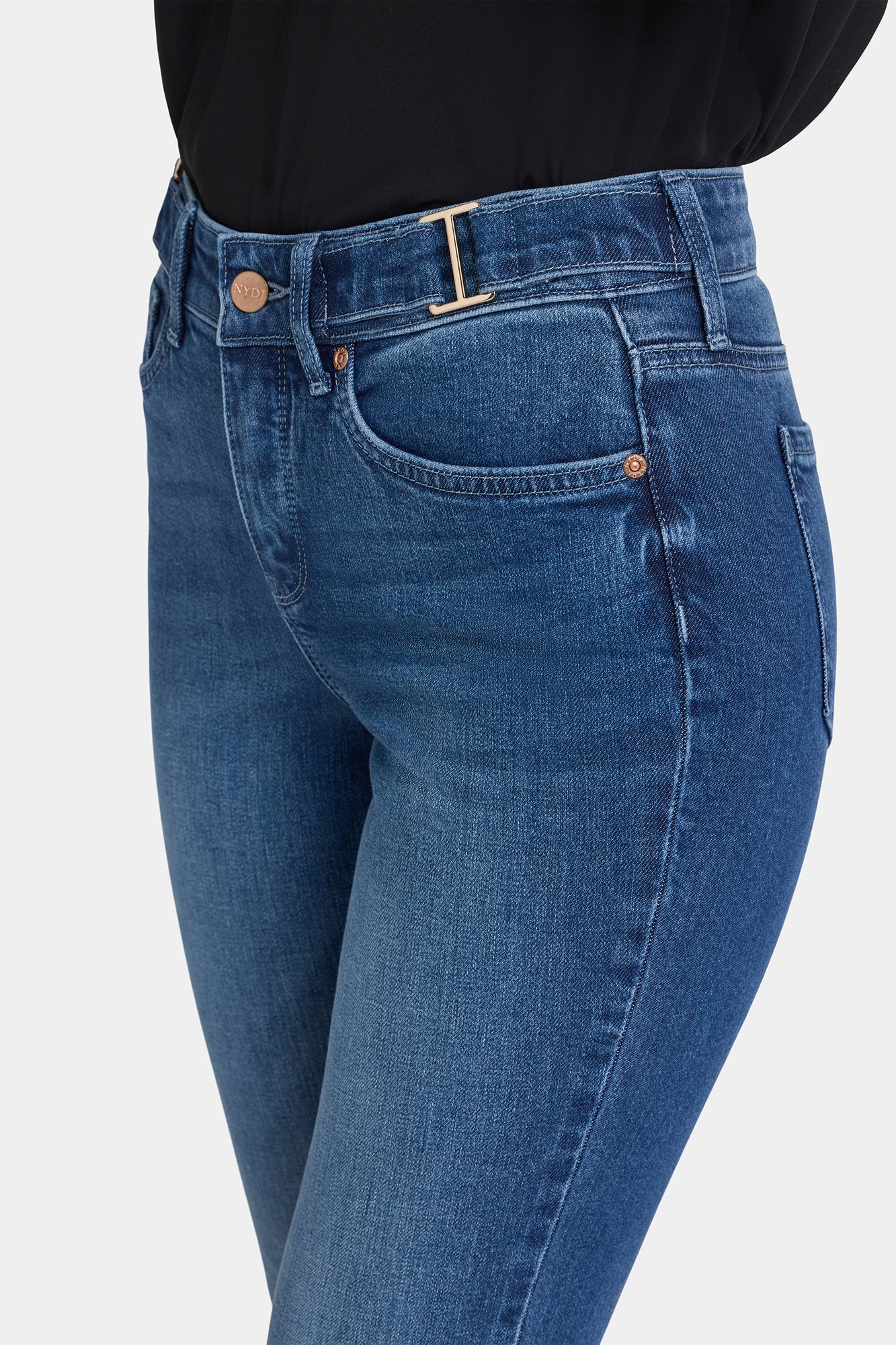 NYDJ Sheri Slim Jeans In Petite With Waistband Buckle Detail - Cool Marine