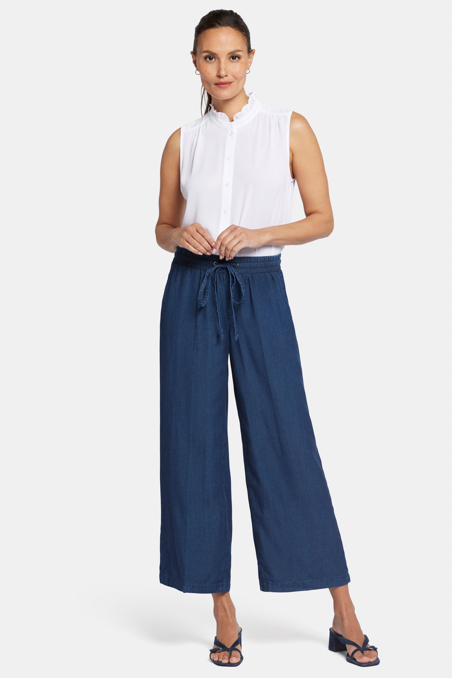 Jayne Wide Leg Ankle Pull-On Pants In Petite With High Rise - Indigo Ocean  Blue