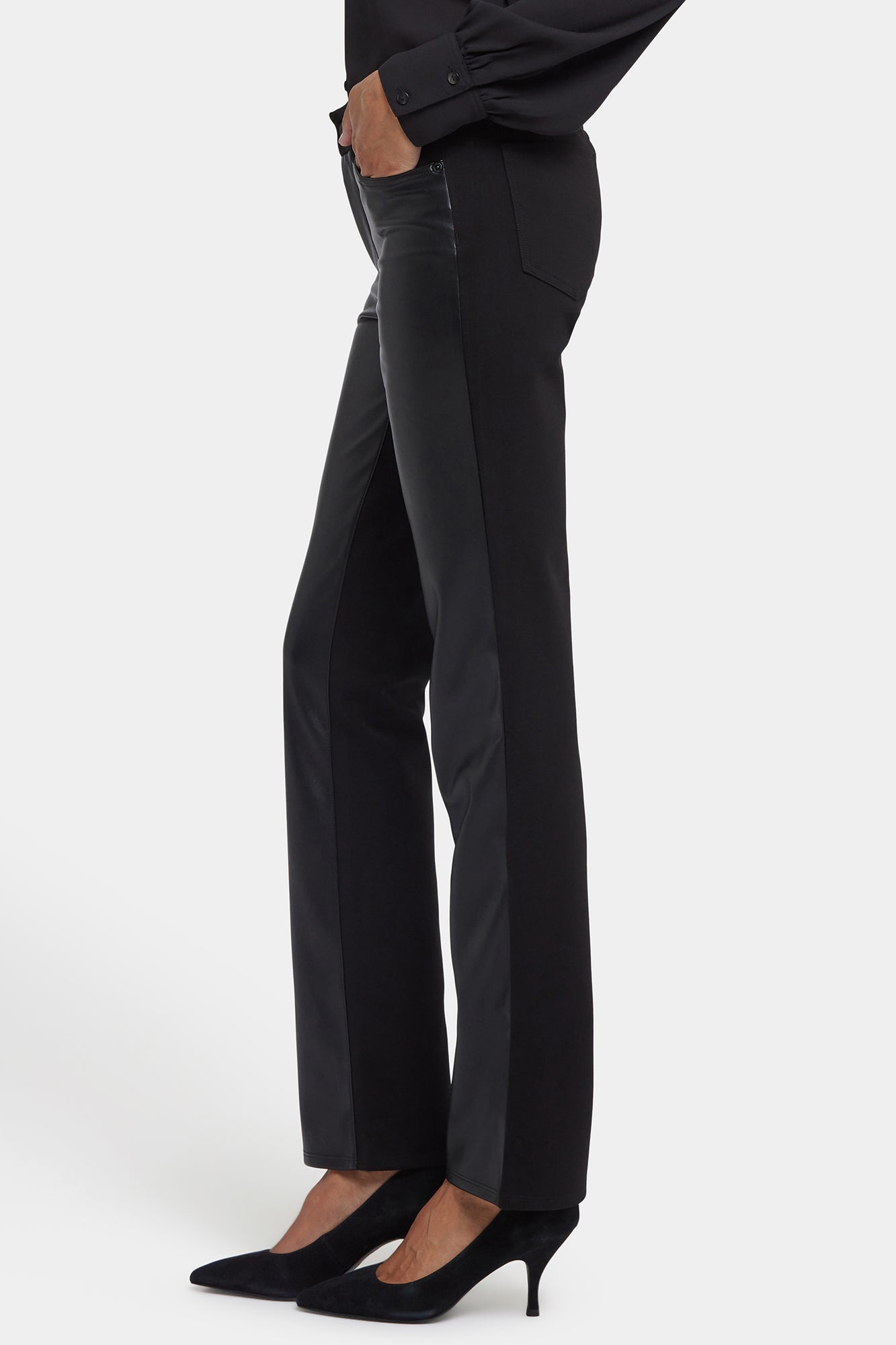 NYDJ Vegan Stretch Leather Marilyn Straight Pants In Petite Sculpt-Her™ Collection - Black