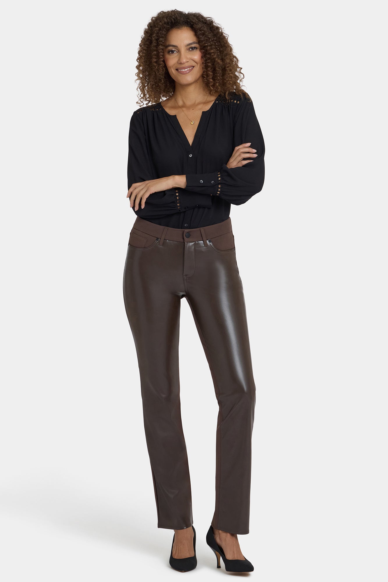 NYDJ Vegan Stretch Leather Marilyn Straight Pants In Petite Sculpt-Her™ Collection - Coffee Bean
