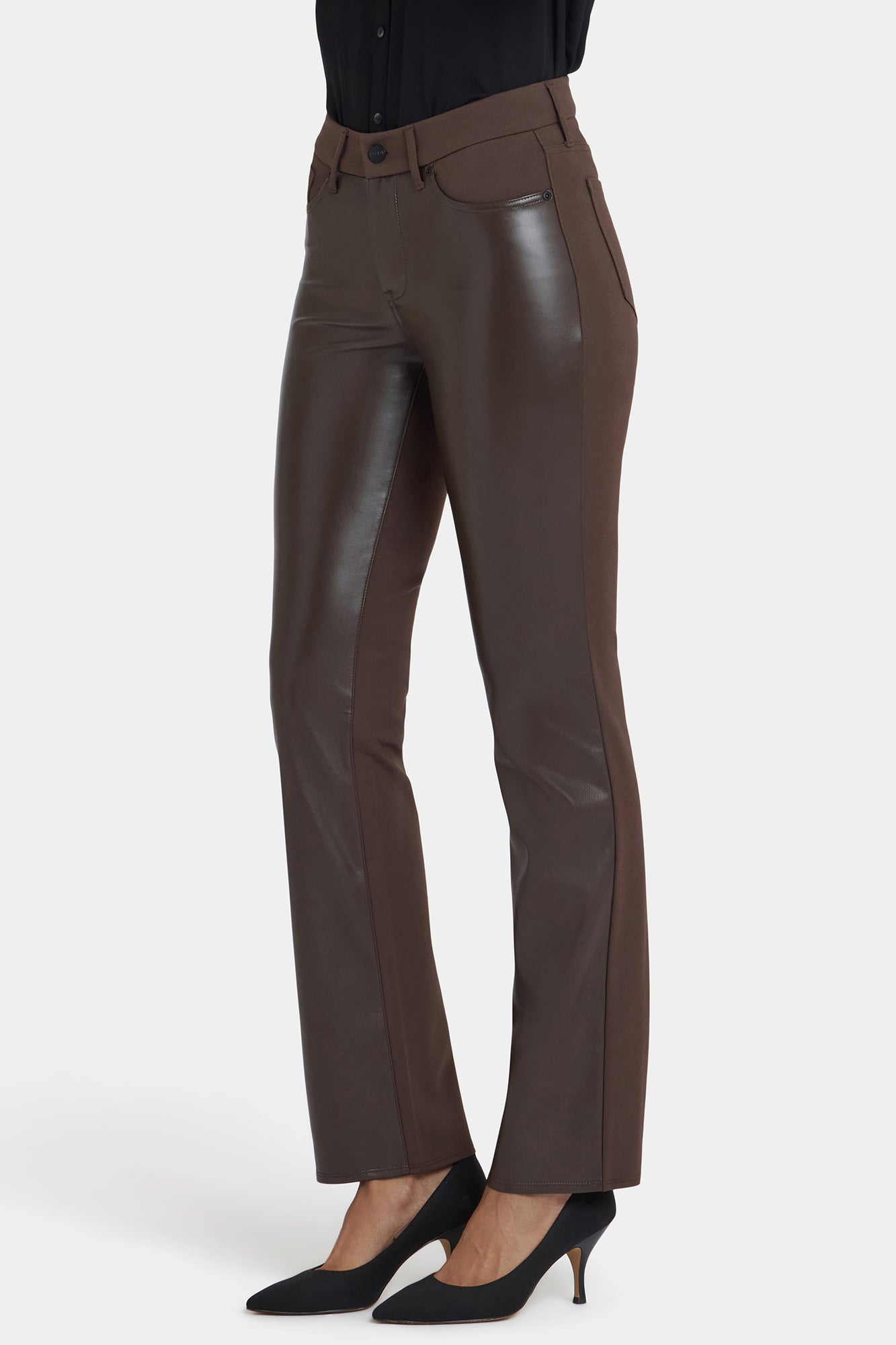 NYDJ Vegan Stretch Leather Marilyn Straight Pants In Petite Sculpt-Her™ Collection - Coffee Bean