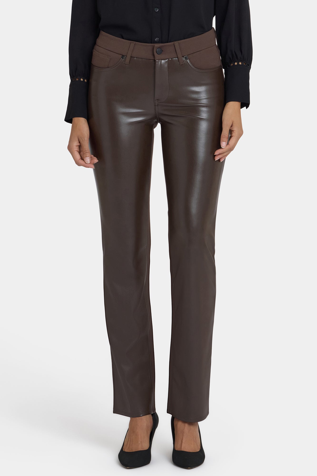 NYDJ Vegan Stretch Leather Marilyn Straight Pants In Petite Sculpt-Her™ Collection - Coffee Bean