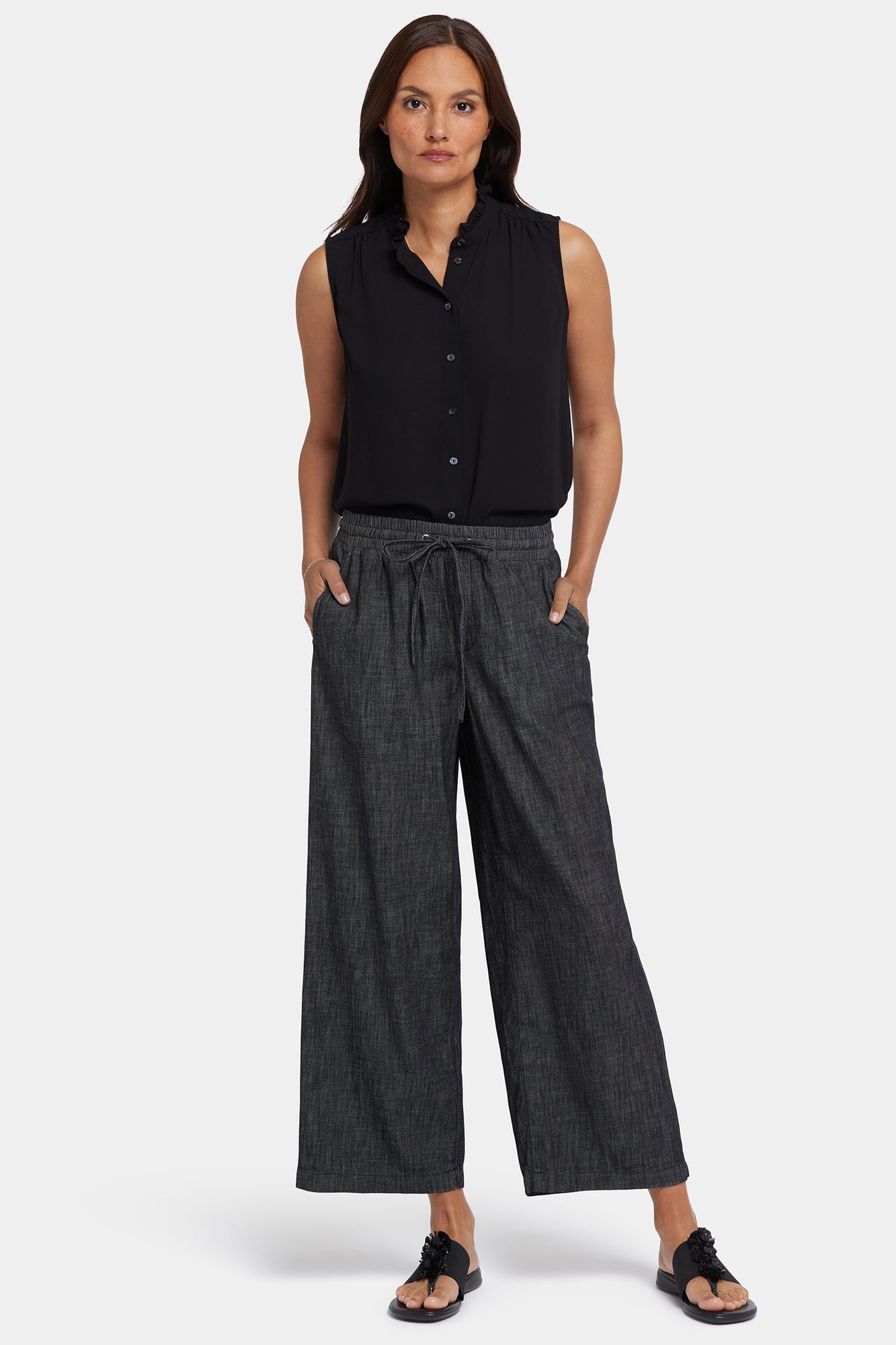 NYDJ Jayne Pull-On Wide Leg Ankle Pants In Petite - Black Rinse
