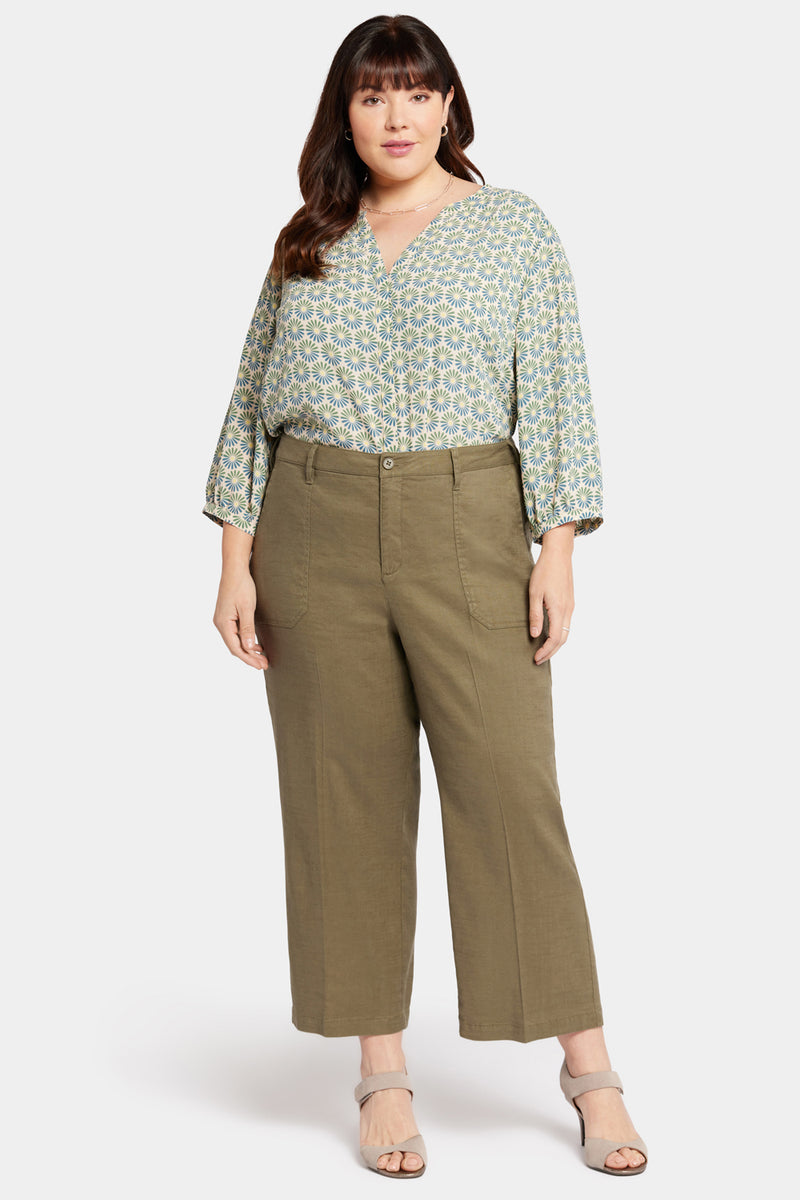 NYDJ Wide Leg Cargo Capri Pants In Plus Size In Stretch Linen - Avocado