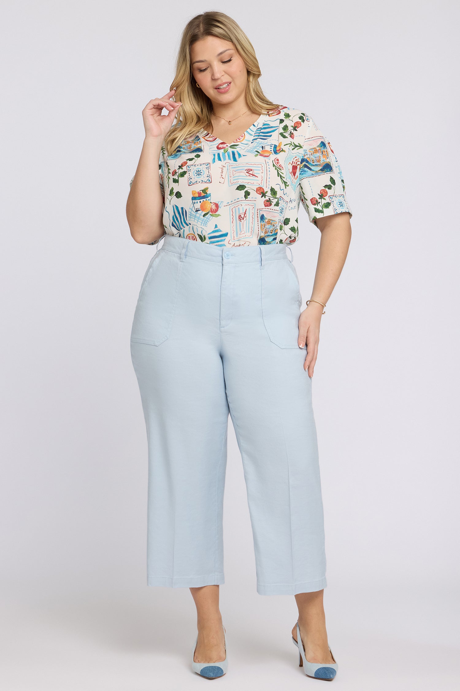 Wide Leg Cargo Capri Pants In Plus Size In Stretch Linen - Blue
