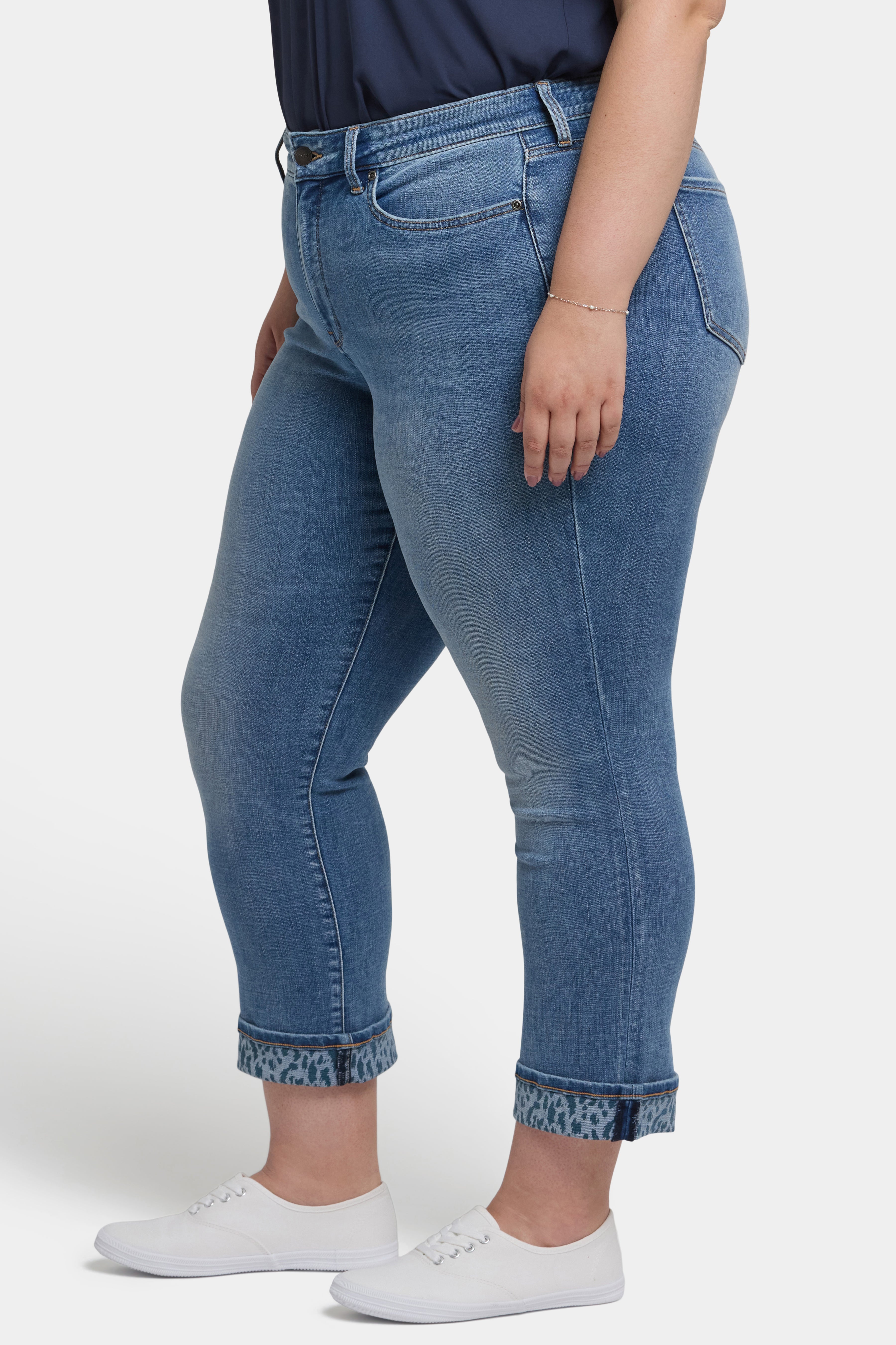 Marilyn Straight Ankle Jeans In Plus Size With Leopard Print Cuffs