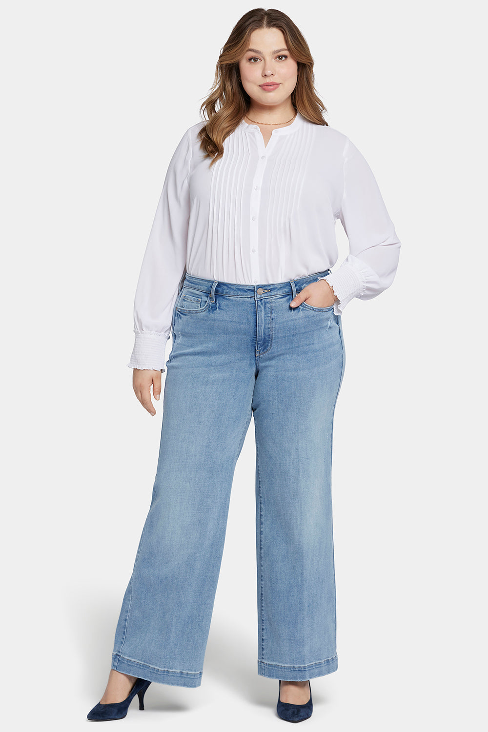 Teresa Wide Leg Jeans In Plus Size With 1 1/2 Hems - Lakefront Blue