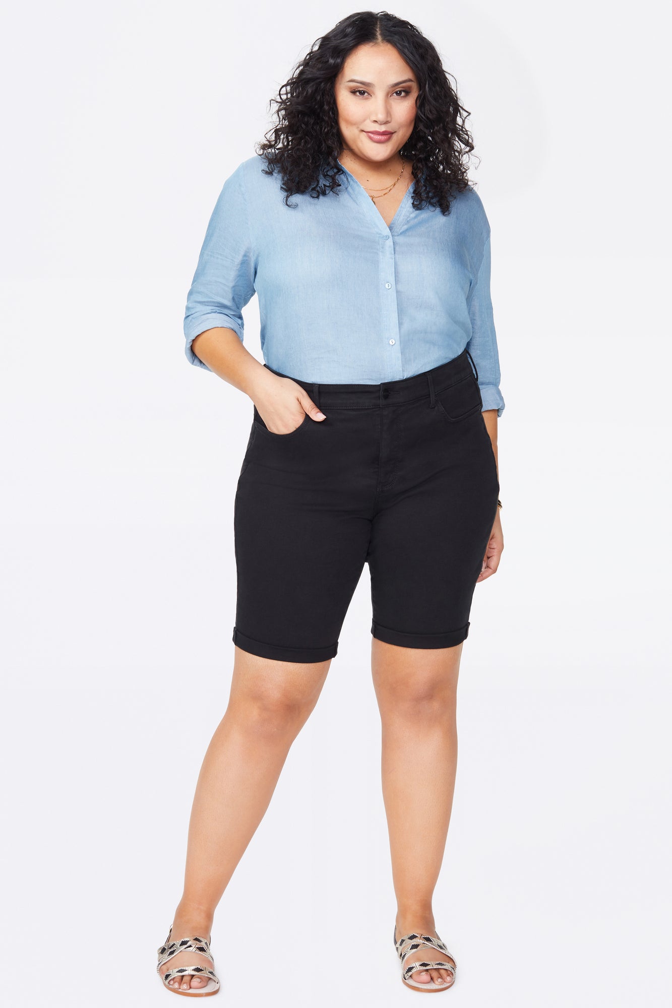 NYDJ Briella 11 Inch Denim Shorts In Plus Size With Roll Cuffs - Black