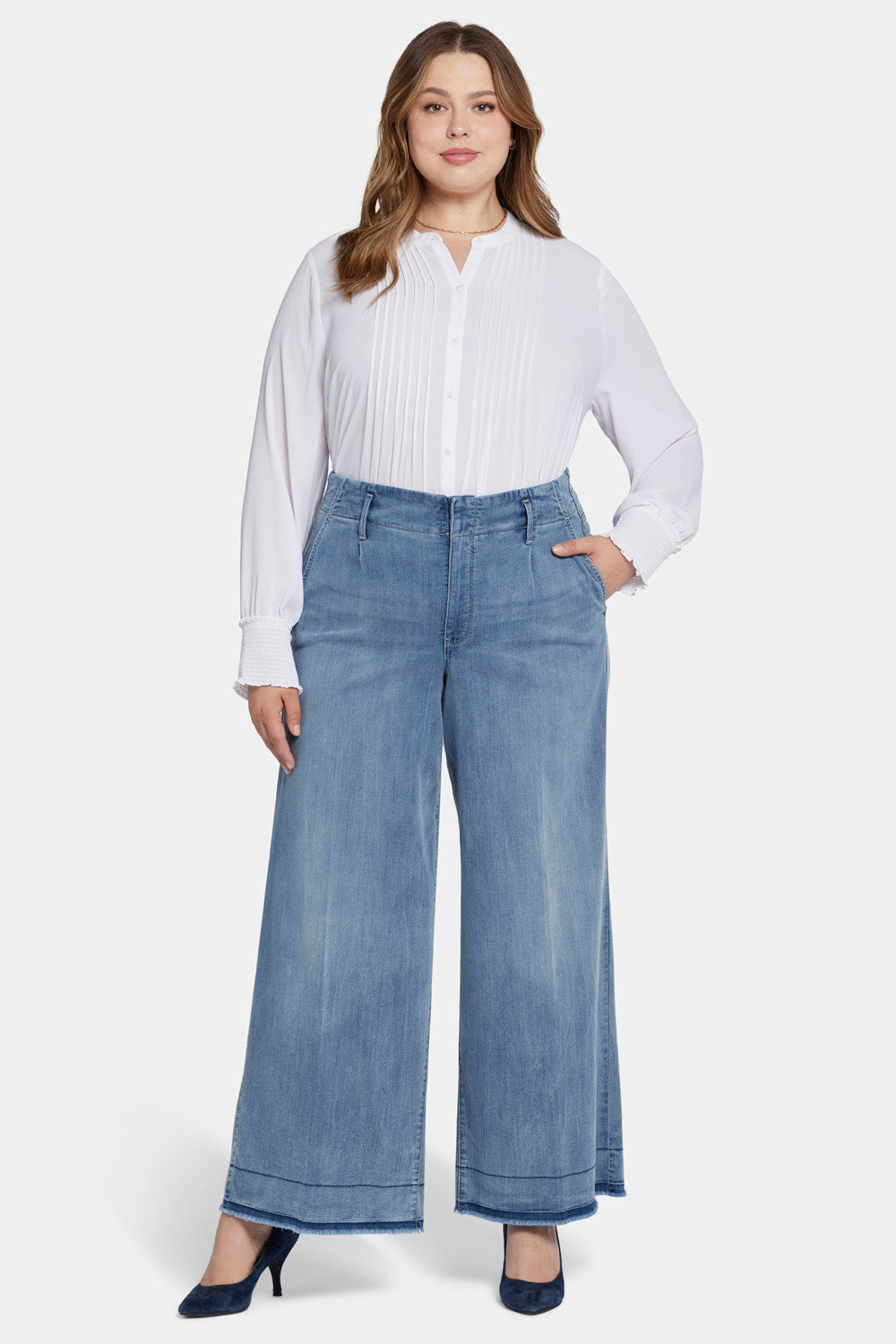 Mona Wide Leg Trouser Jeans In Plus Size With High Rise And Frayed Shadow  Hems - State Blue