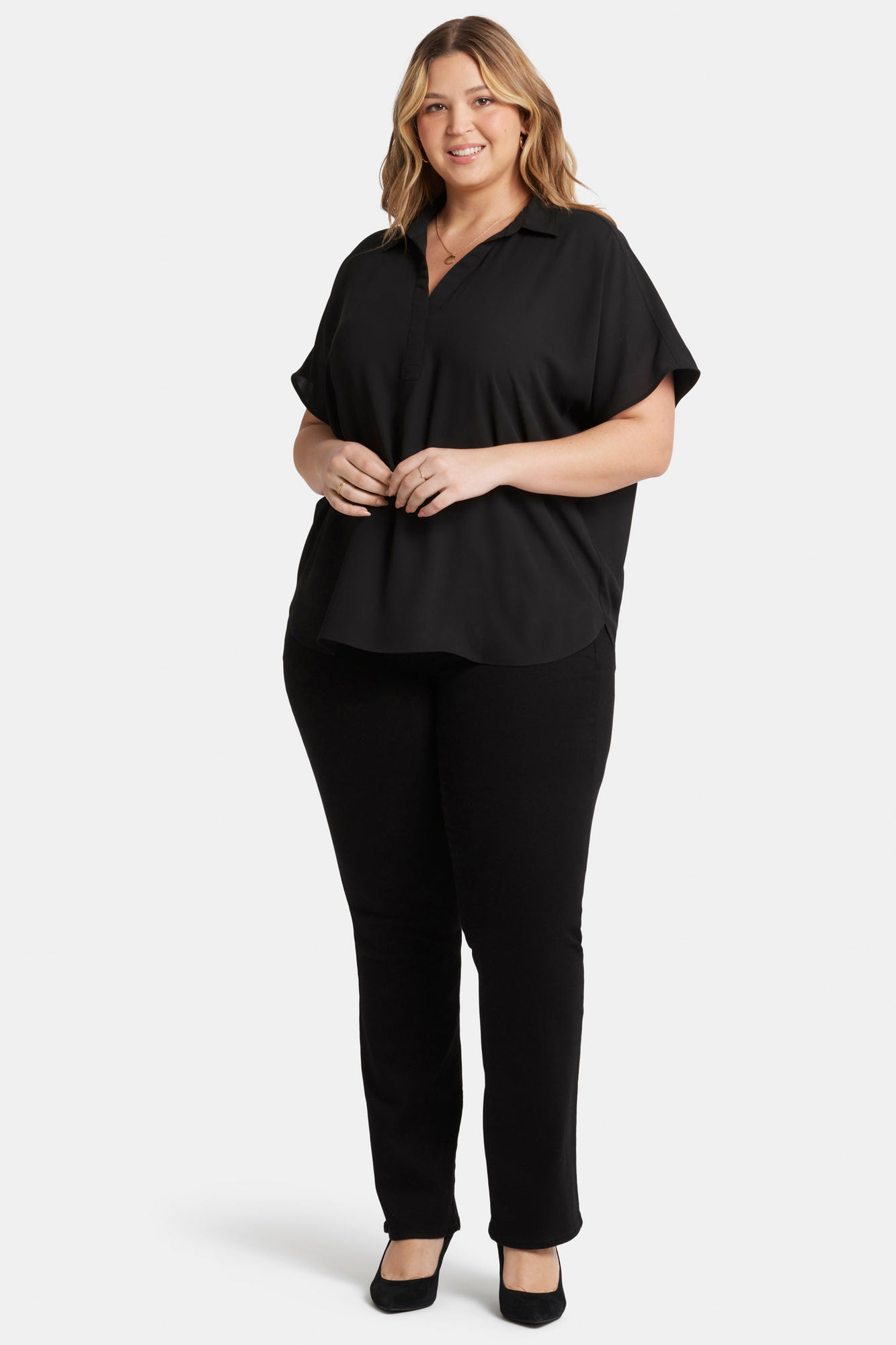 NYDJ Becky Short Sleeved Blouse In Plus Size - Black