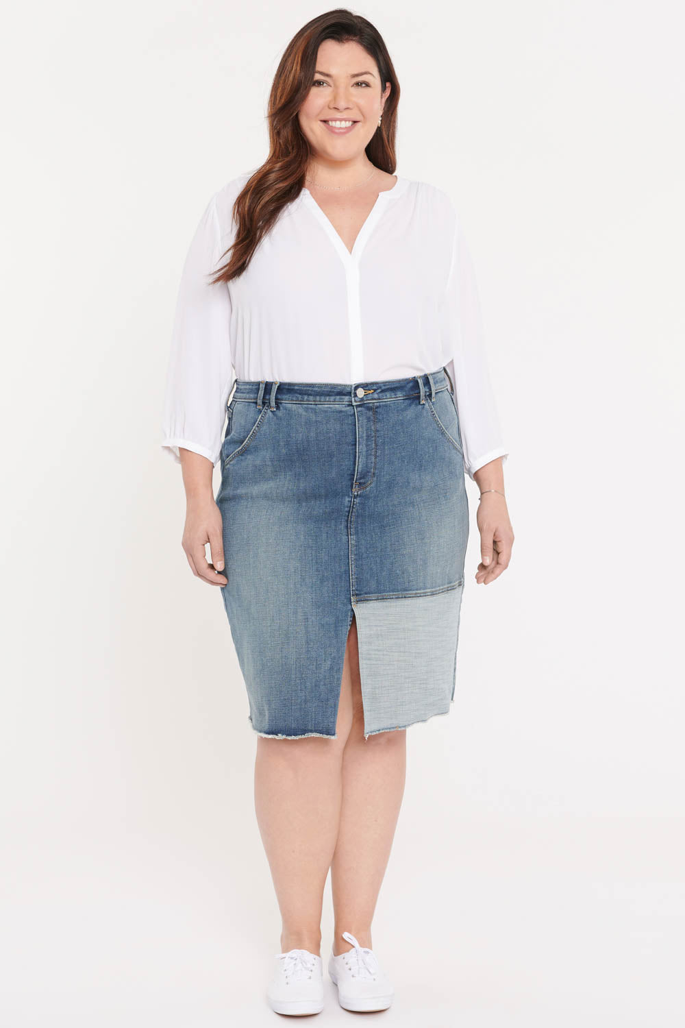 Midi Skirt In Plus Size With Patch Detail and Frayed Hem Clean