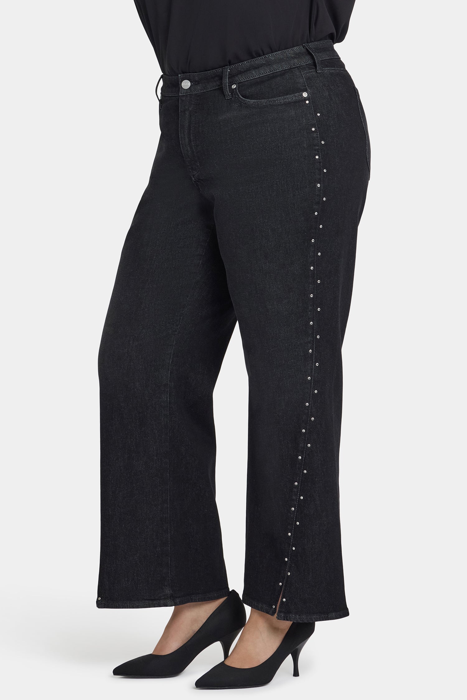 Teresa Wide Leg Jeans In Plus Size With Rhinestones, Front Slits
