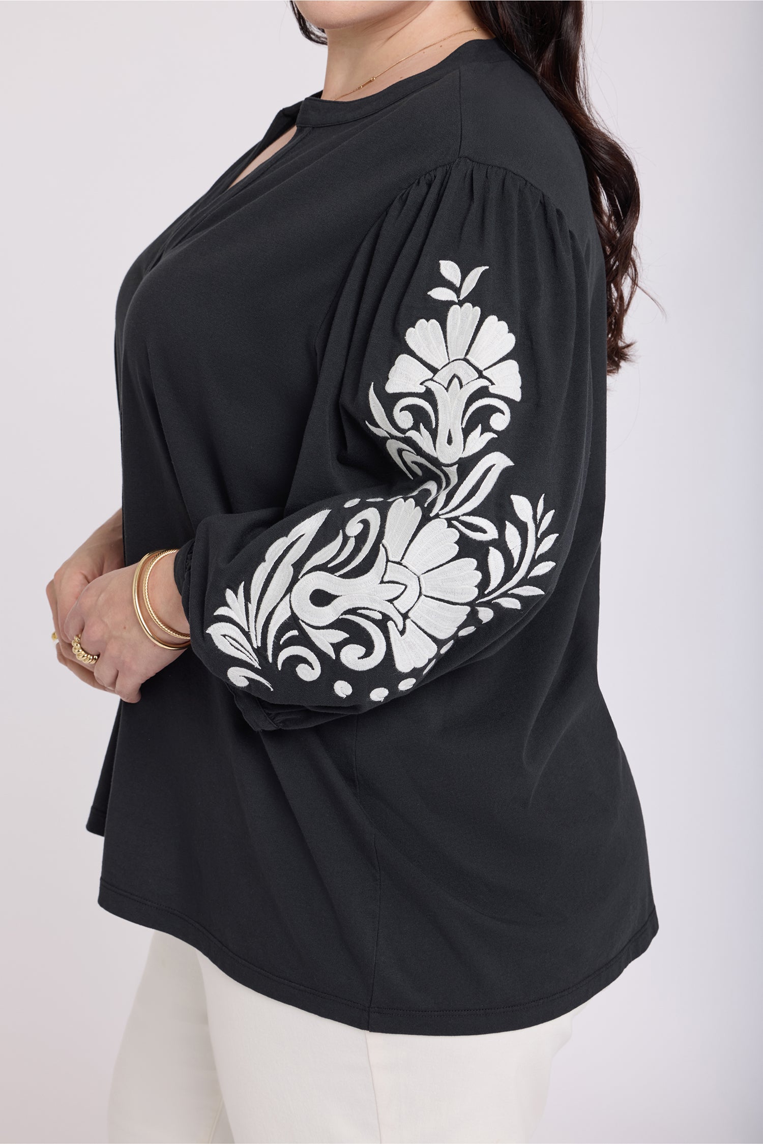 Embroidered Knit Blouse In Plus Size - Black Ivory Black | NYDJ