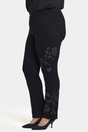 NYDJ Marilyn Straight Jeans In Plus Size With Embroidery - Black Rinse