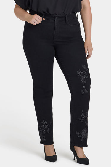 NYDJ Marilyn Straight Jeans In Plus Size With Embroidery - Black Rinse