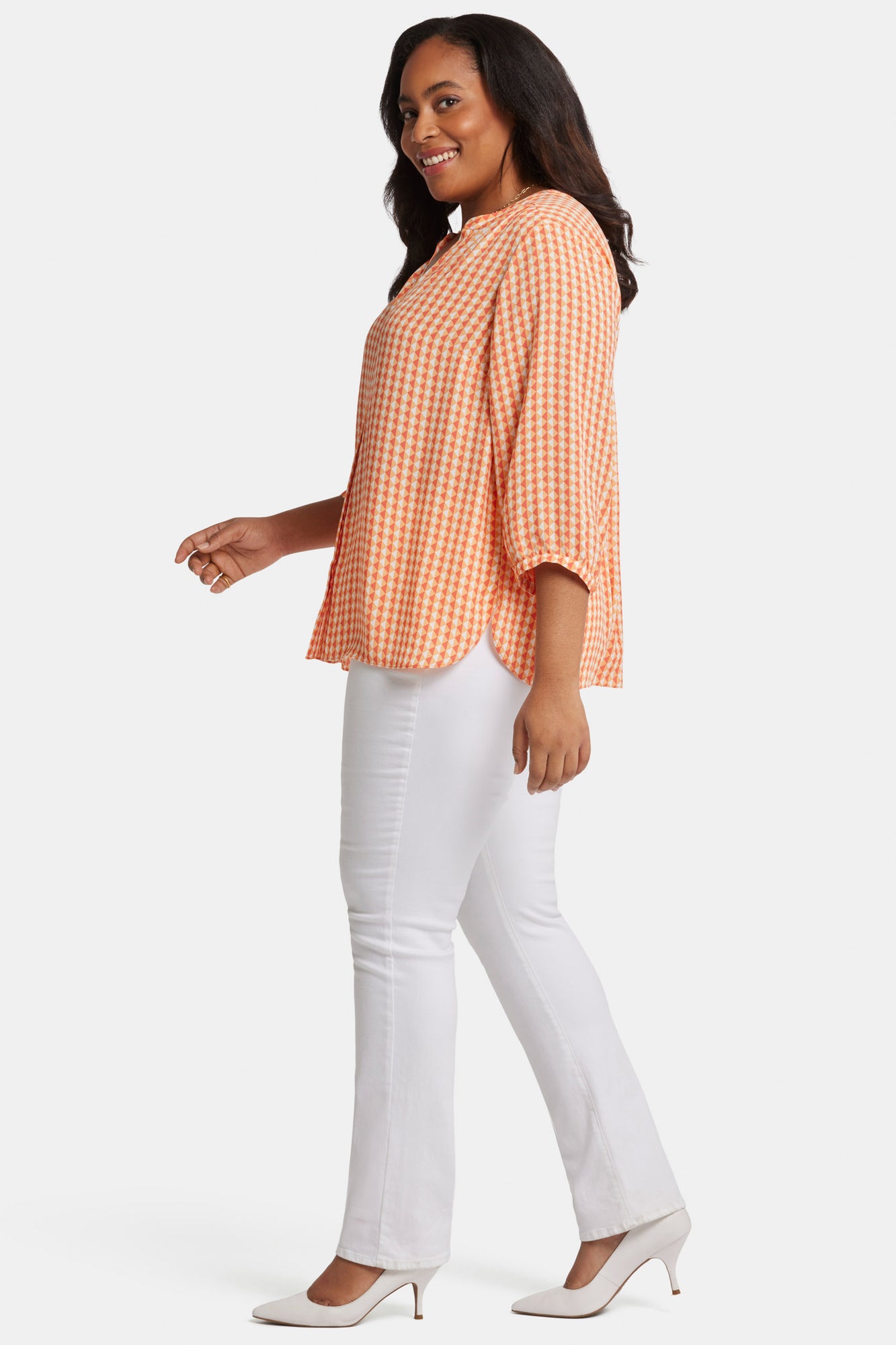 NYDJ Pintuck Blouse In Plus Size  - Apricot Geo