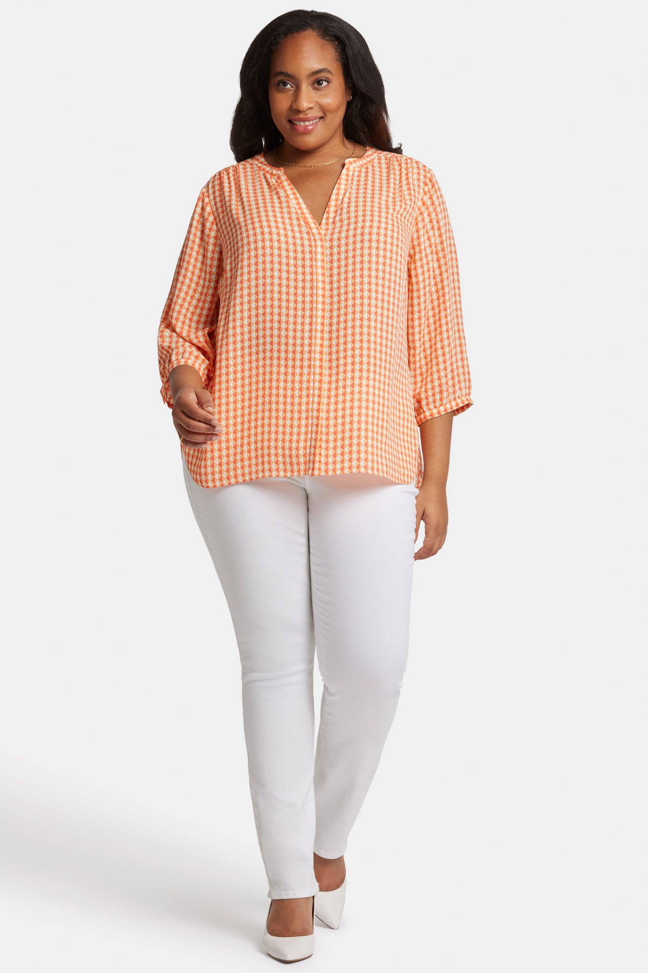 NYDJ Pintuck Blouse In Plus Size  - Apricot Geo