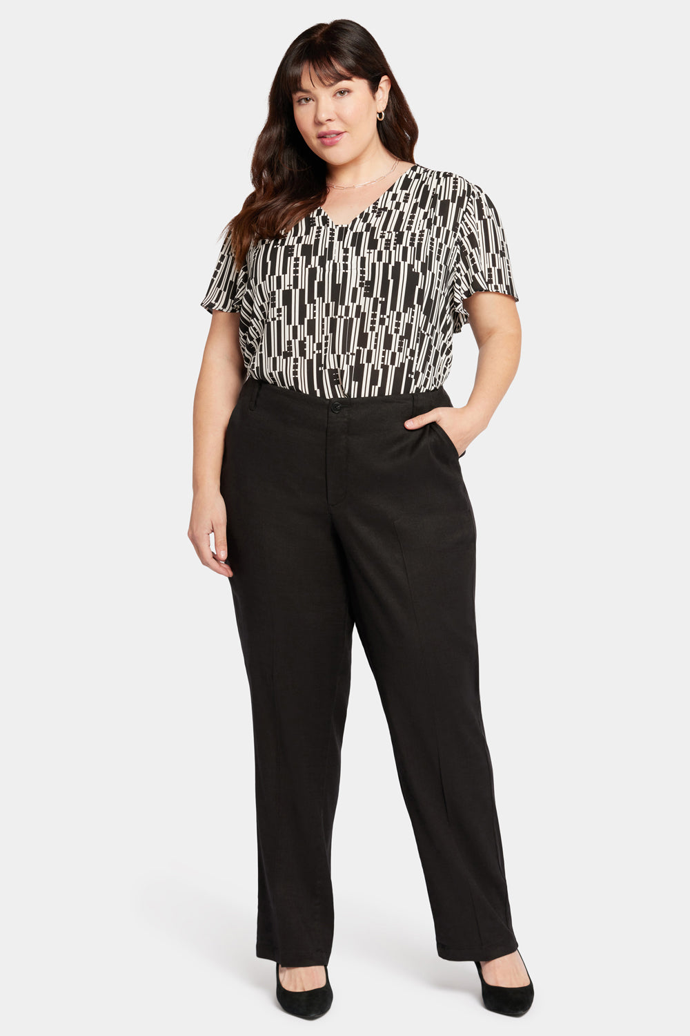 Marilyn Straight Pants In Plus Size In Stretch Linen - Black Black