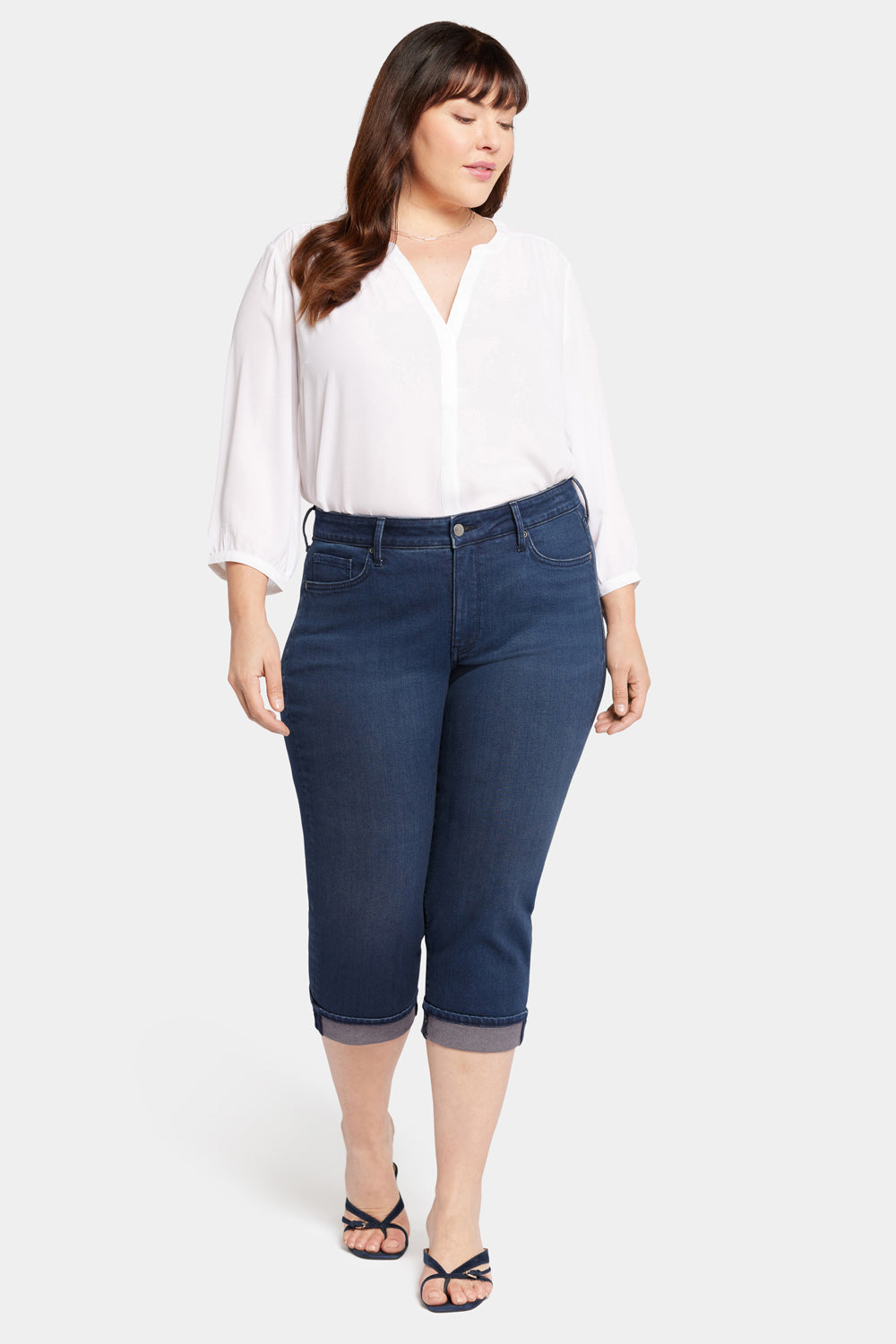 Marilyn Straight Crop Jeans In Plus Size With Cuffs - Inspire Blue