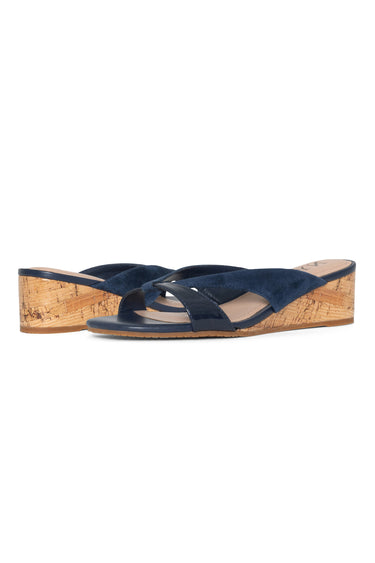 NYDJ Contessa Wedge Sandals In Suede And Patent Leather - Navy