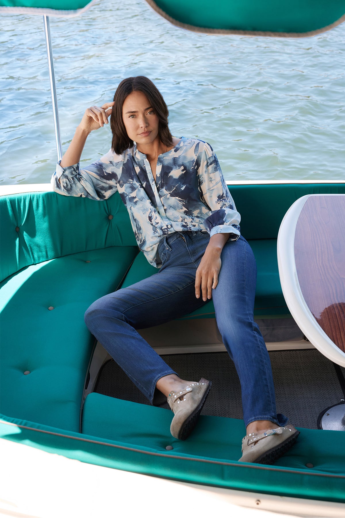 Cool Marine Marilyn Straight Jeans - Lifestyle Seated on Boat | NYDJ Apparel