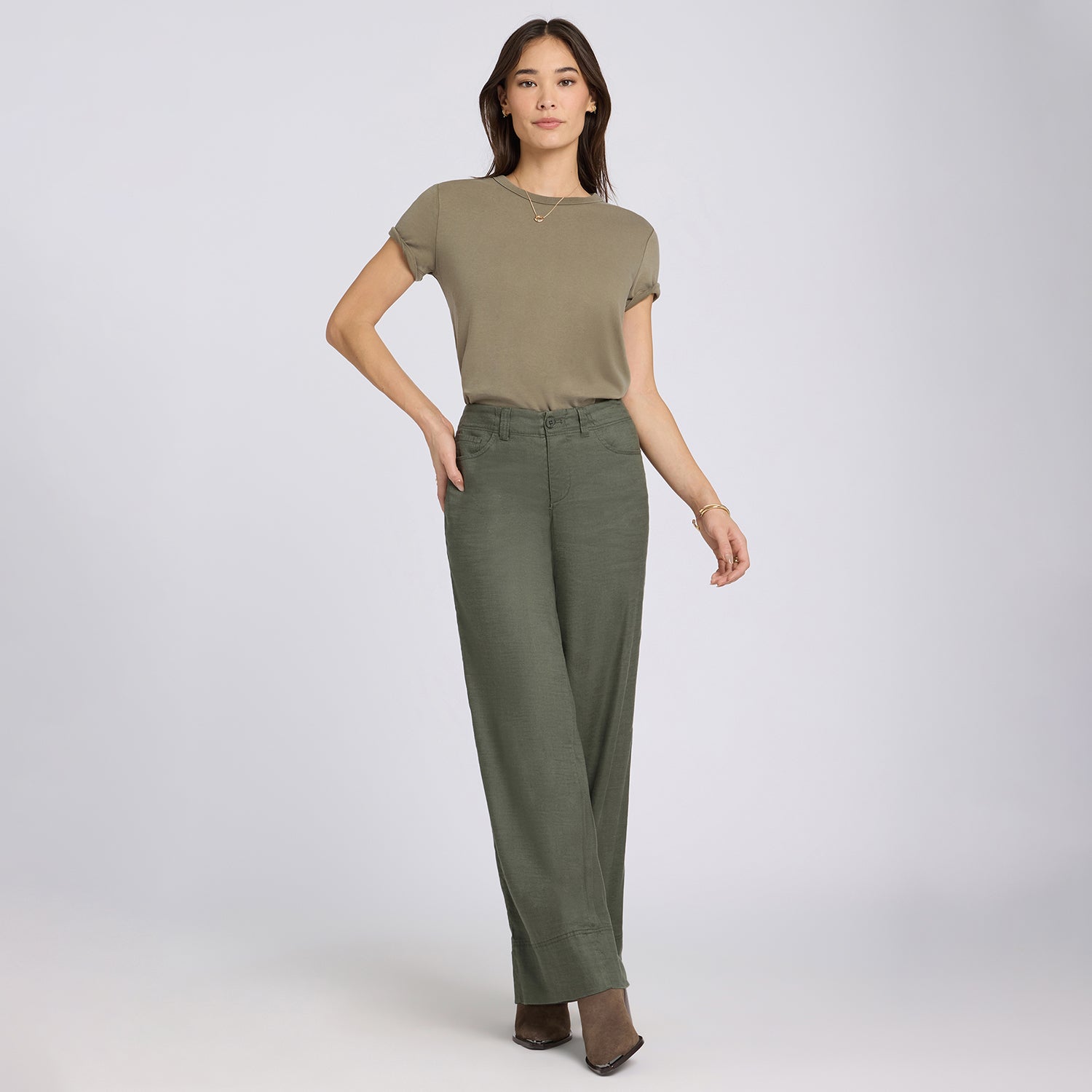 NJ TUCK LONG PANTS domingo カーキ 5 Pocket Wide Leg Trouser Pants In Stretch Linen With Super High