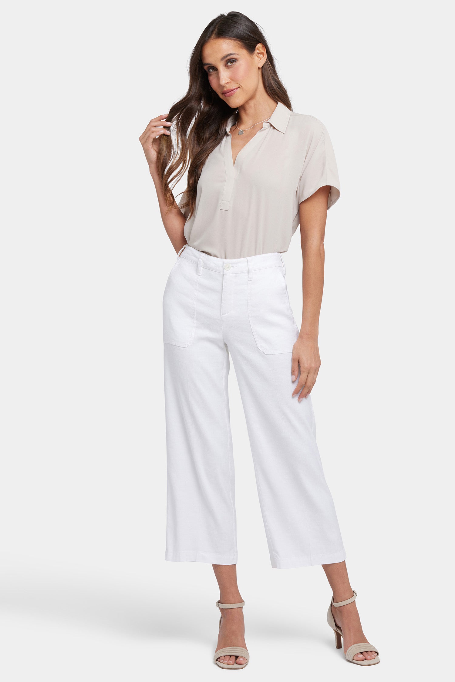 NYDJ Wide Leg Cargo Capri Pants In Stretch Linen - Optic White
