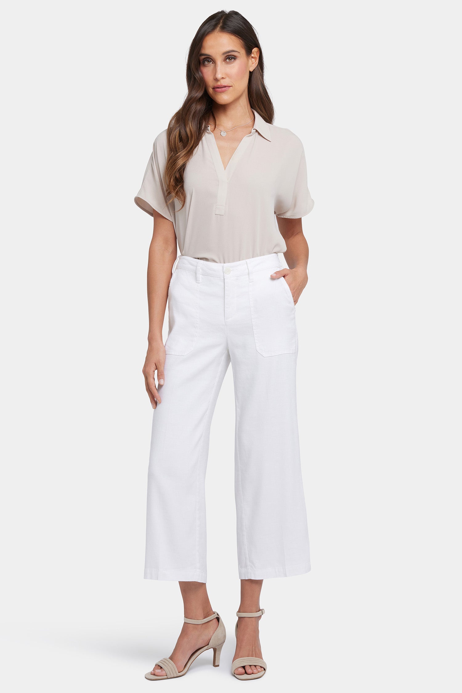NYDJ Wide Leg Cargo Capri Pants In Stretch Linen - Optic White