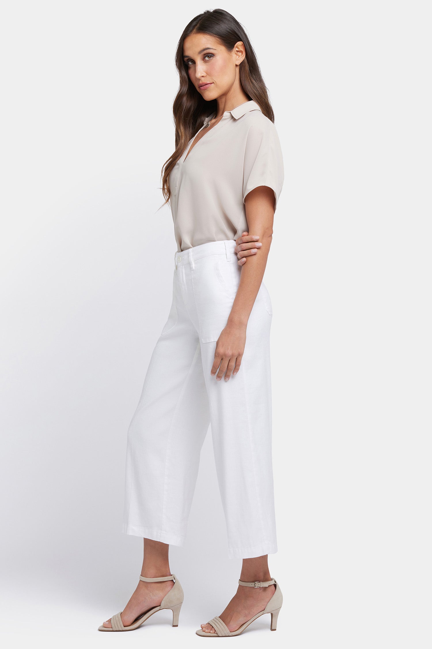 NYDJ Wide Leg Cargo Capri Pants In Stretch Linen - Optic White