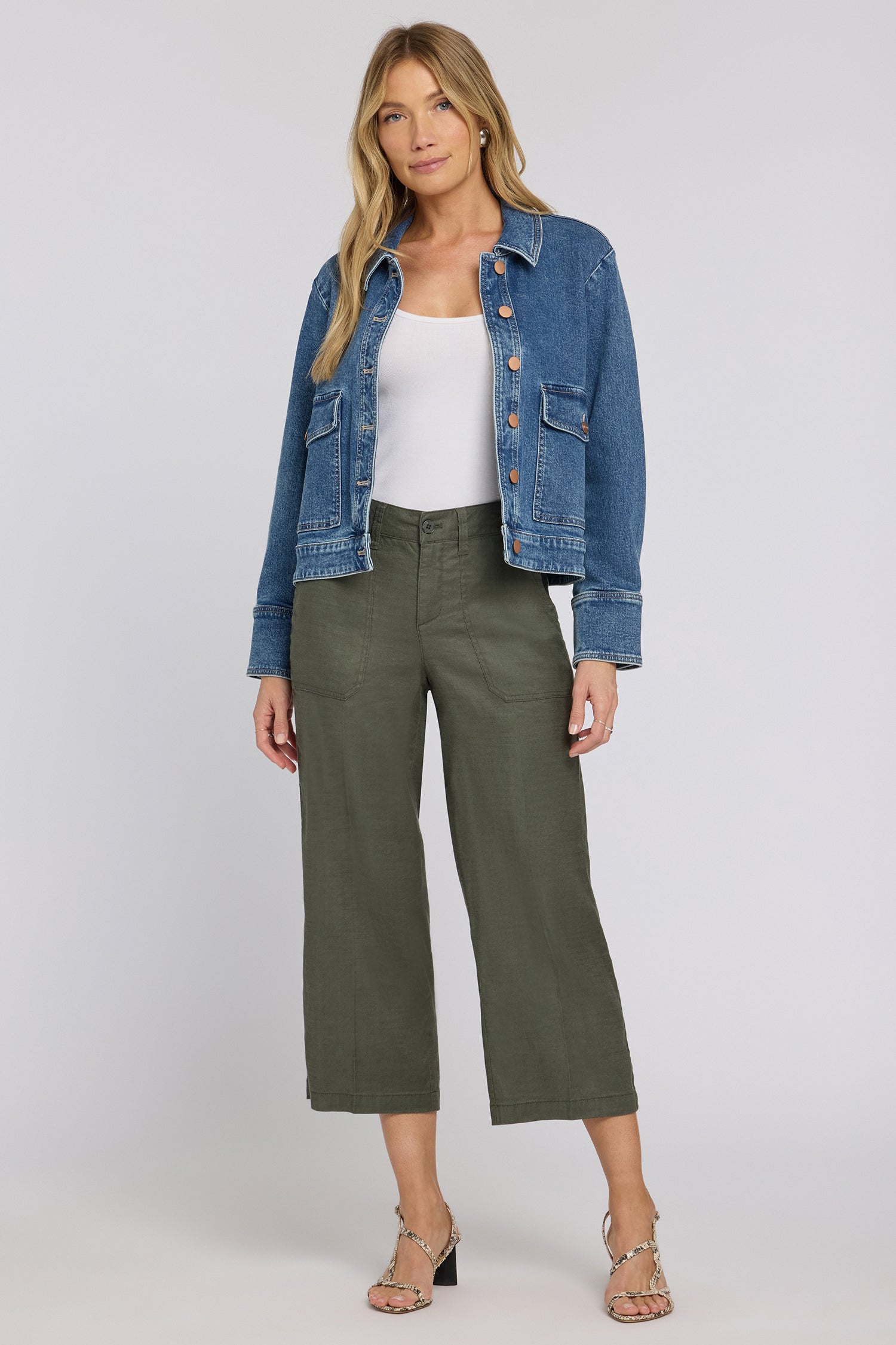 NYDJ Wide Leg Cargo Capri Pants In Stretch Linen - Desert Green